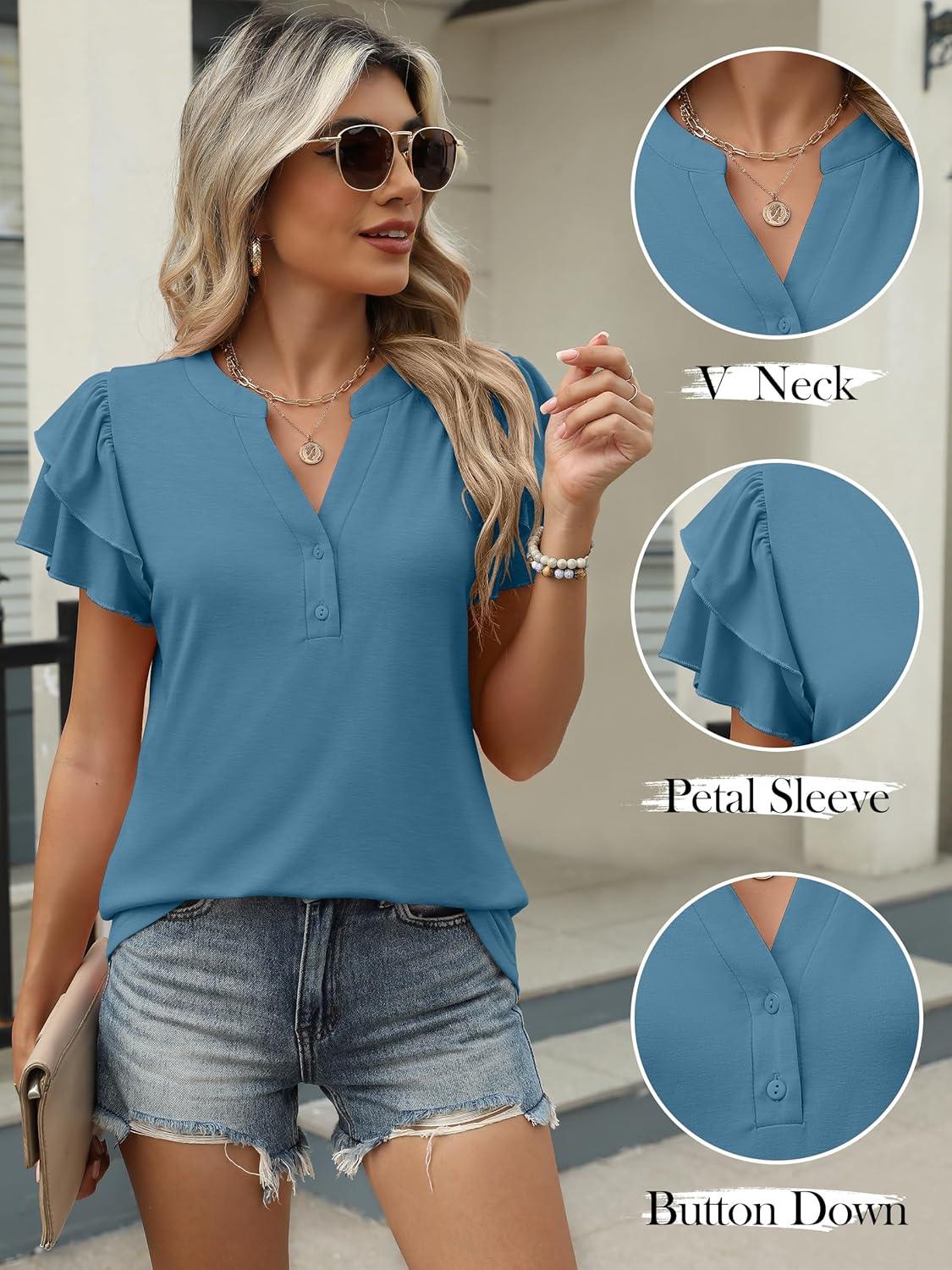 imageANRABESS Womens Tops Dressy Casual Ruffle Short Sleeve V Neck Blouses Summer Button Down Business Work Elegant ShirtsBlue Green