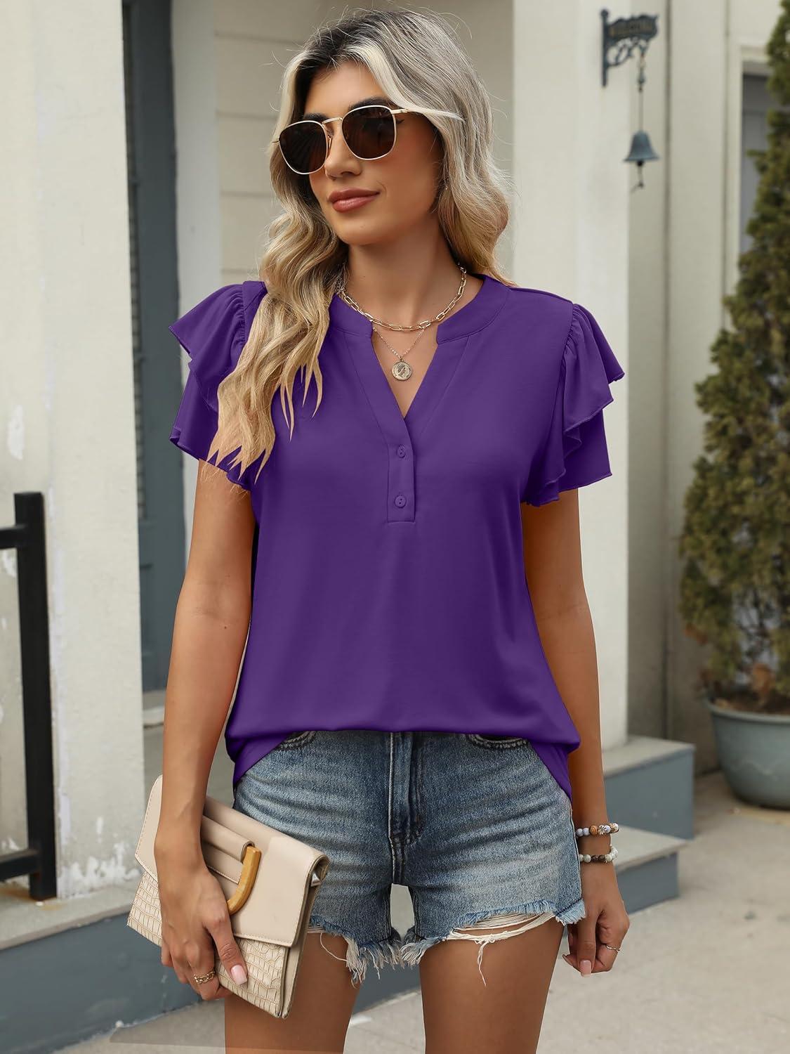 imageANRABESS Womens Tops Dressy Casual Ruffle Short Sleeve V Neck Blouses Summer Button Down Business Work Elegant ShirtsDeep Purple