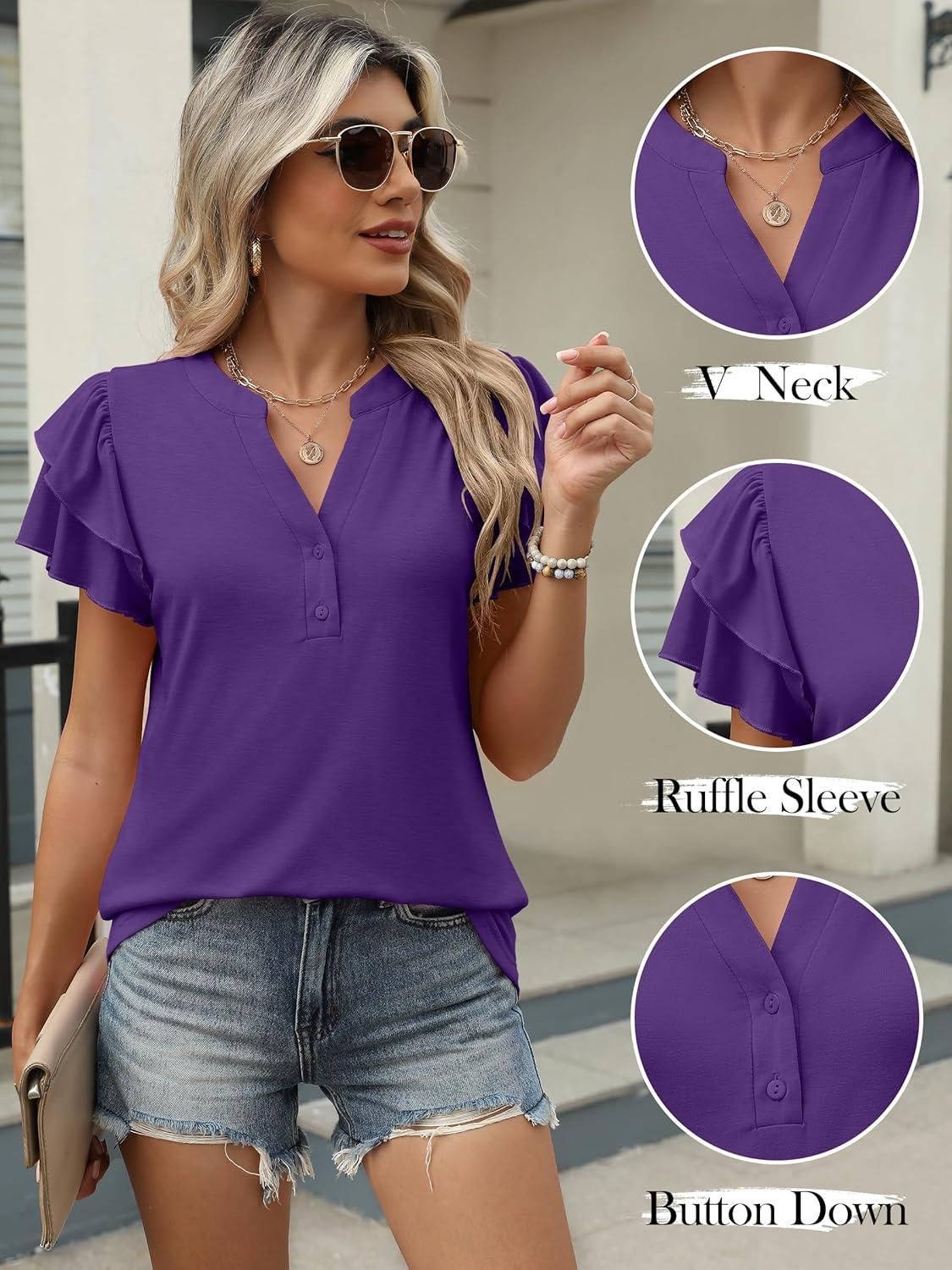 imageANRABESS Womens Tops Dressy Casual Ruffle Short Sleeve V Neck Blouses Summer Button Down Business Work Elegant ShirtsDeep Purple