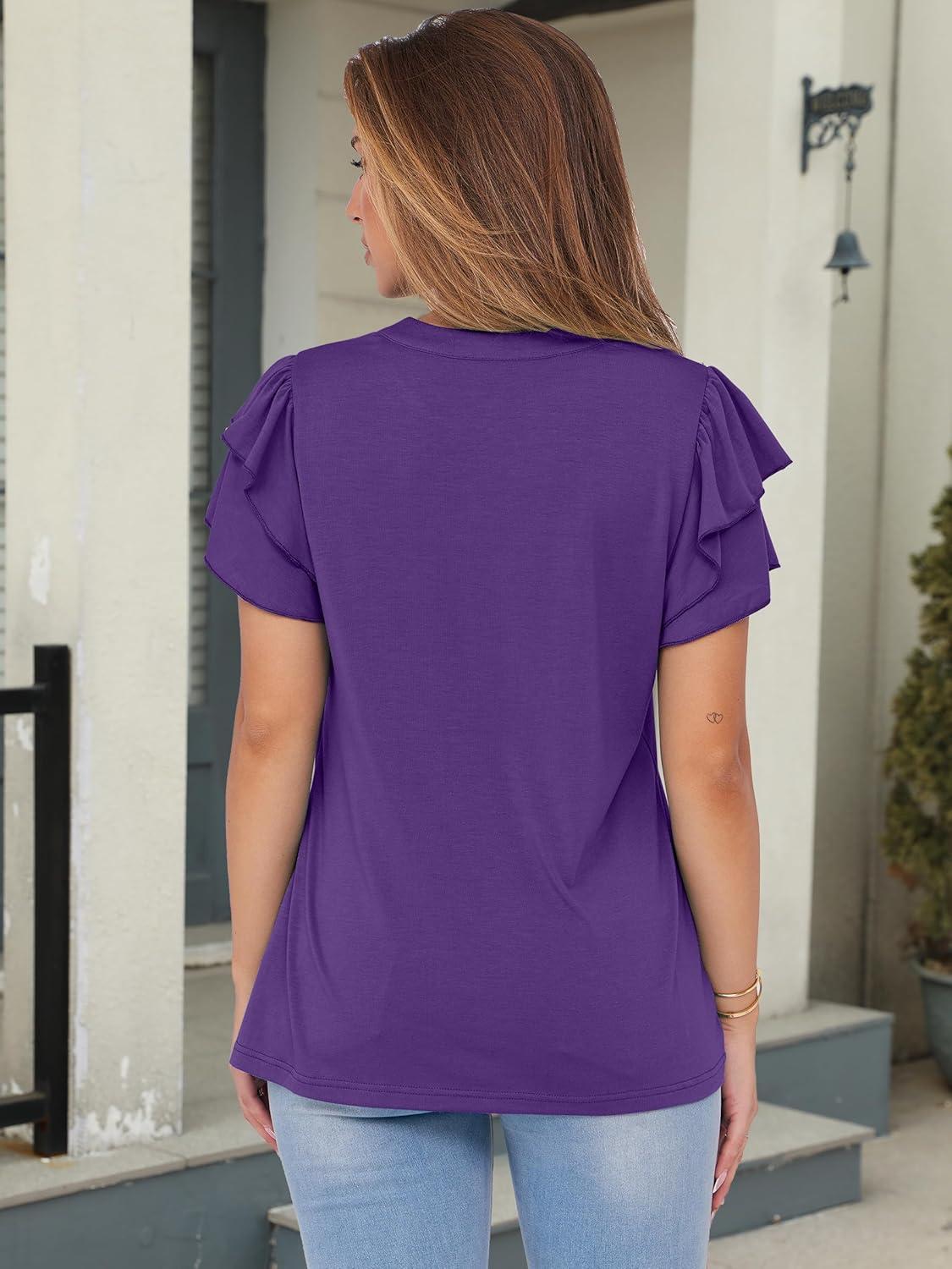 imageANRABESS Womens Tops Dressy Casual Ruffle Short Sleeve V Neck Blouses Summer Button Down Business Work Elegant ShirtsDeep Purple