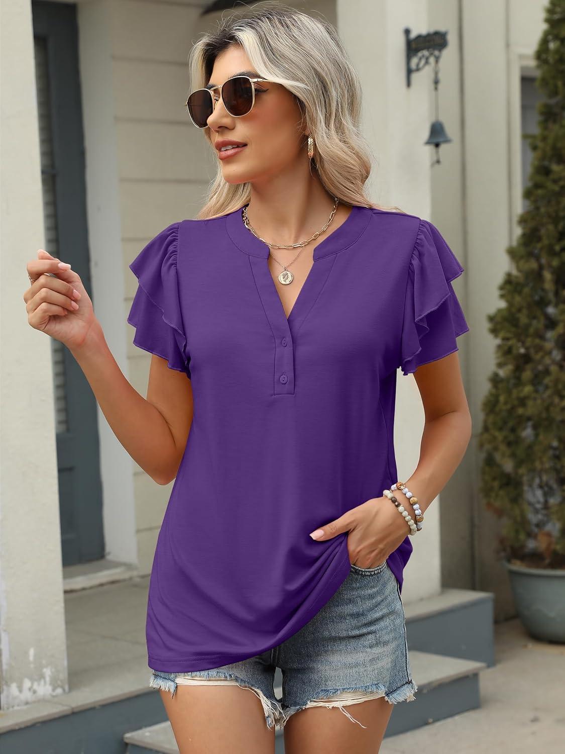 imageANRABESS Womens Tops Dressy Casual Ruffle Short Sleeve V Neck Blouses Summer Button Down Business Work Elegant ShirtsDeep Purple