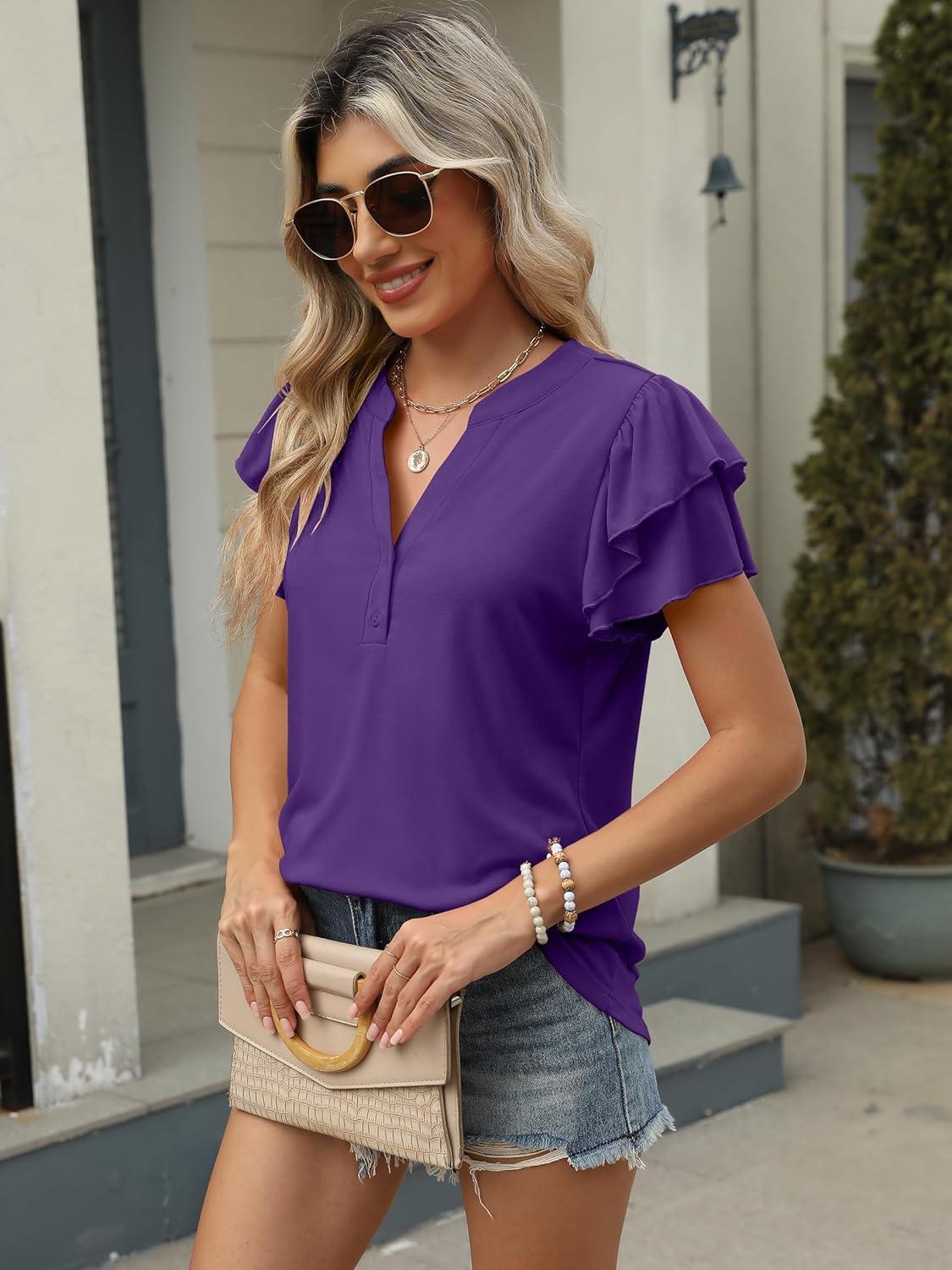 imageANRABESS Womens Tops Dressy Casual Ruffle Short Sleeve V Neck Blouses Summer Button Down Business Work Elegant ShirtsDeep Purple