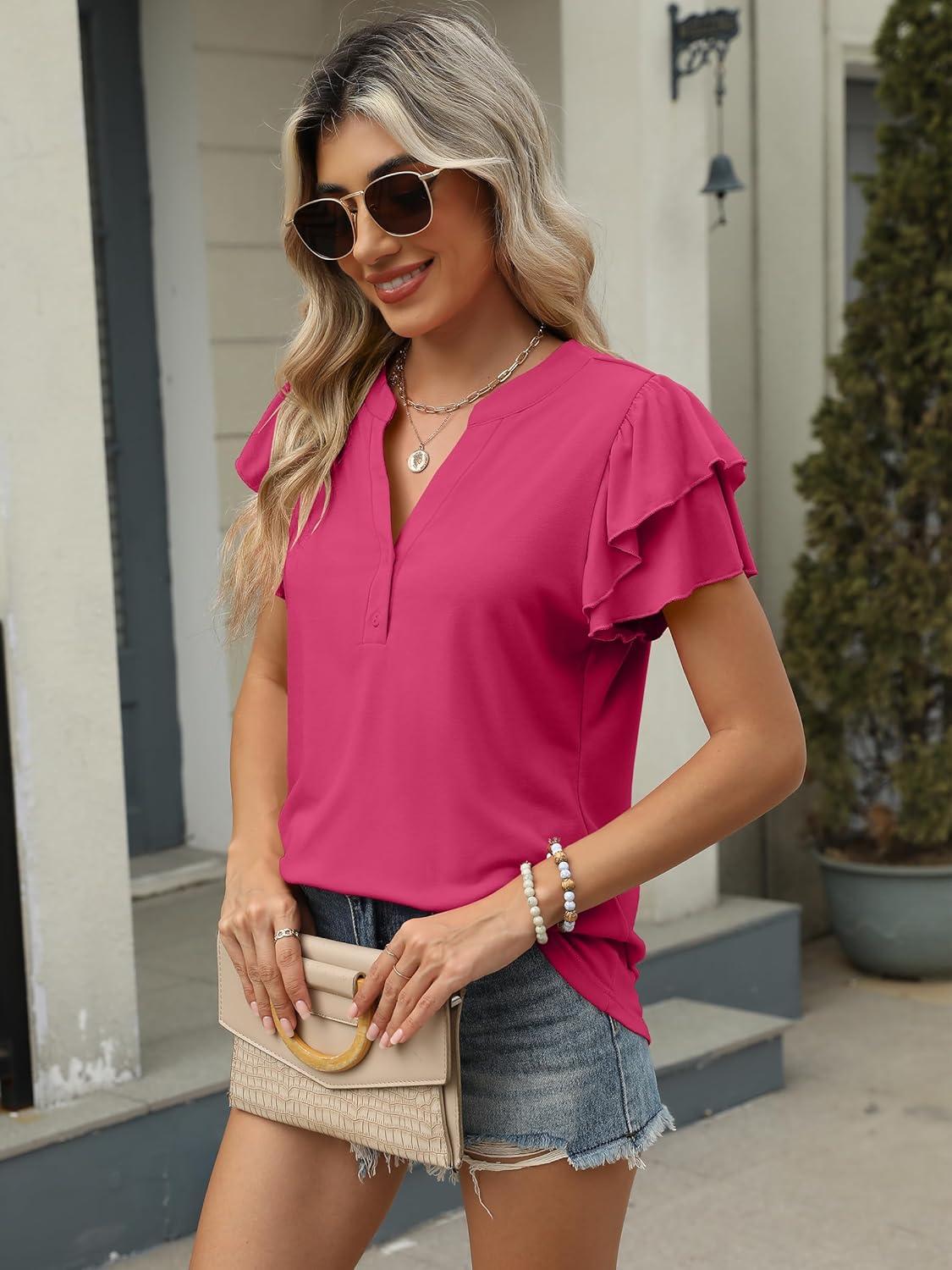 imageANRABESS Womens Tops Dressy Casual Ruffle Short Sleeve V Neck Blouses Summer Button Down Business Work Elegant ShirtsHot Pink