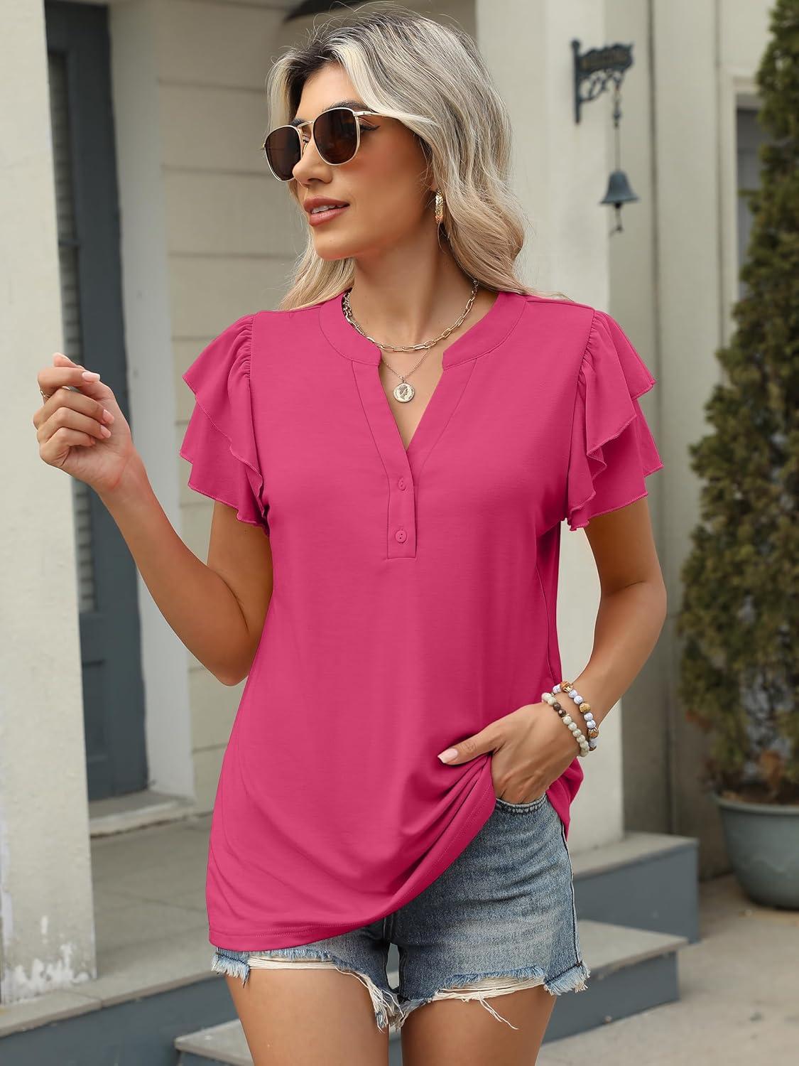 imageANRABESS Womens Tops Dressy Casual Ruffle Short Sleeve V Neck Blouses Summer Button Down Business Work Elegant ShirtsHot Pink
