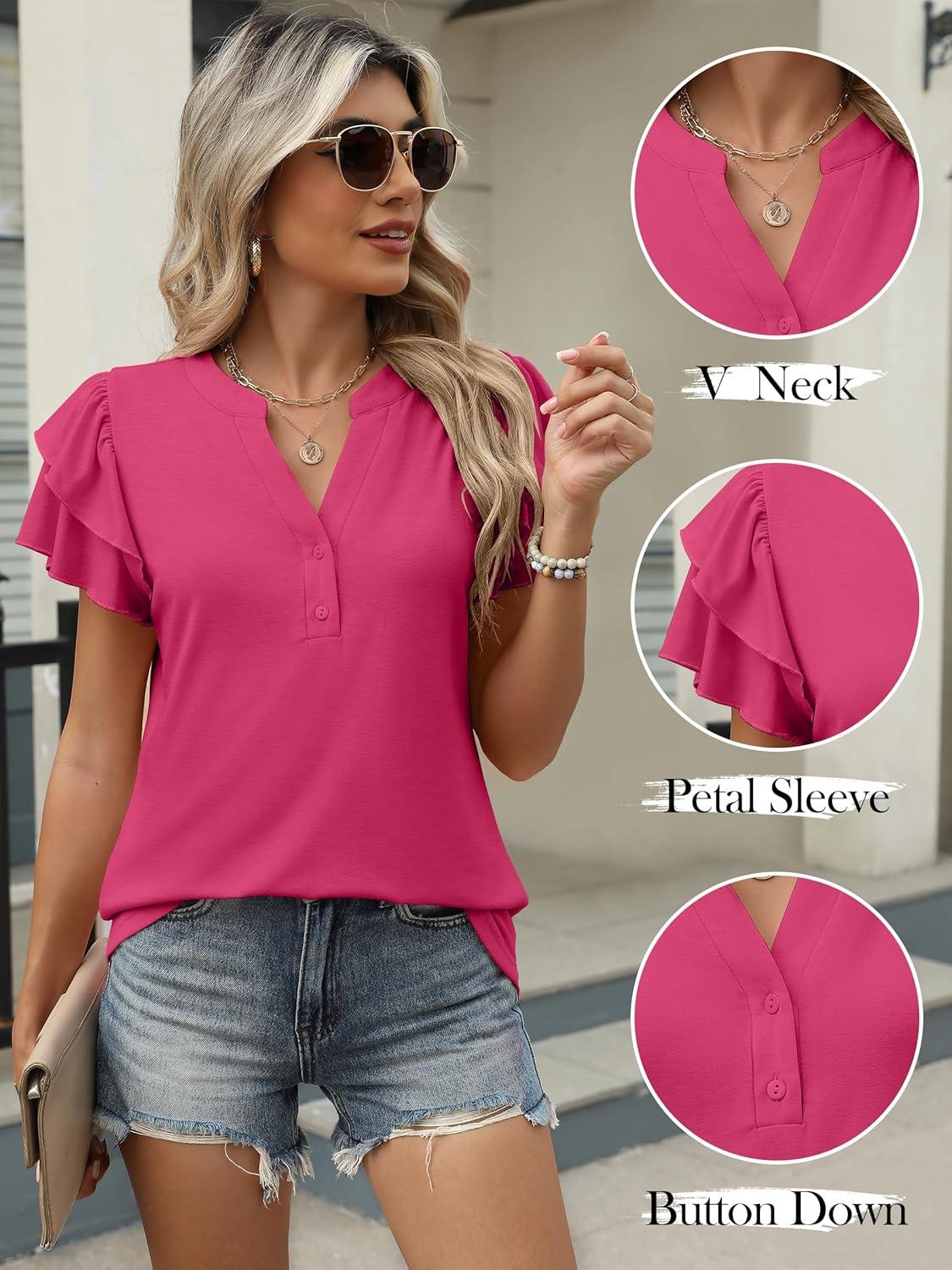 imageANRABESS Womens Tops Dressy Casual Ruffle Short Sleeve V Neck Blouses Summer Button Down Business Work Elegant ShirtsHot Pink