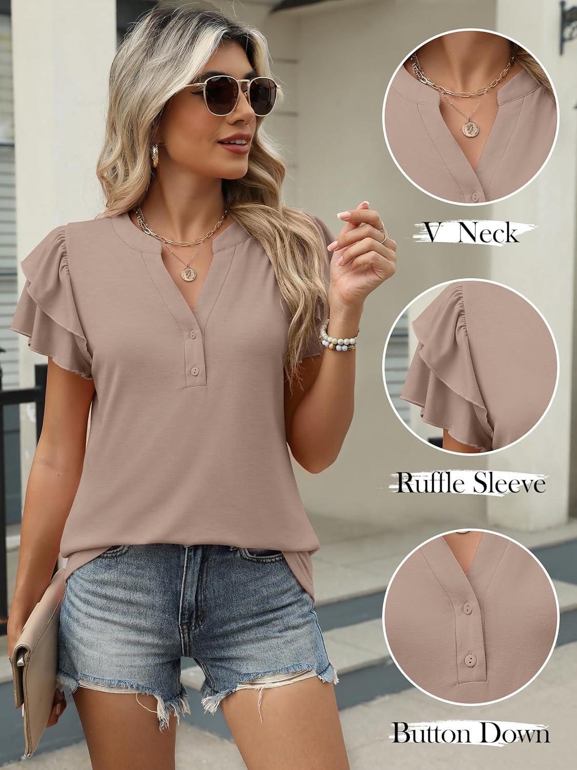 imageANRABESS Womens Tops Dressy Casual Ruffle Short Sleeve V Neck Blouses Summer Button Down Business Work Elegant ShirtsKhaki