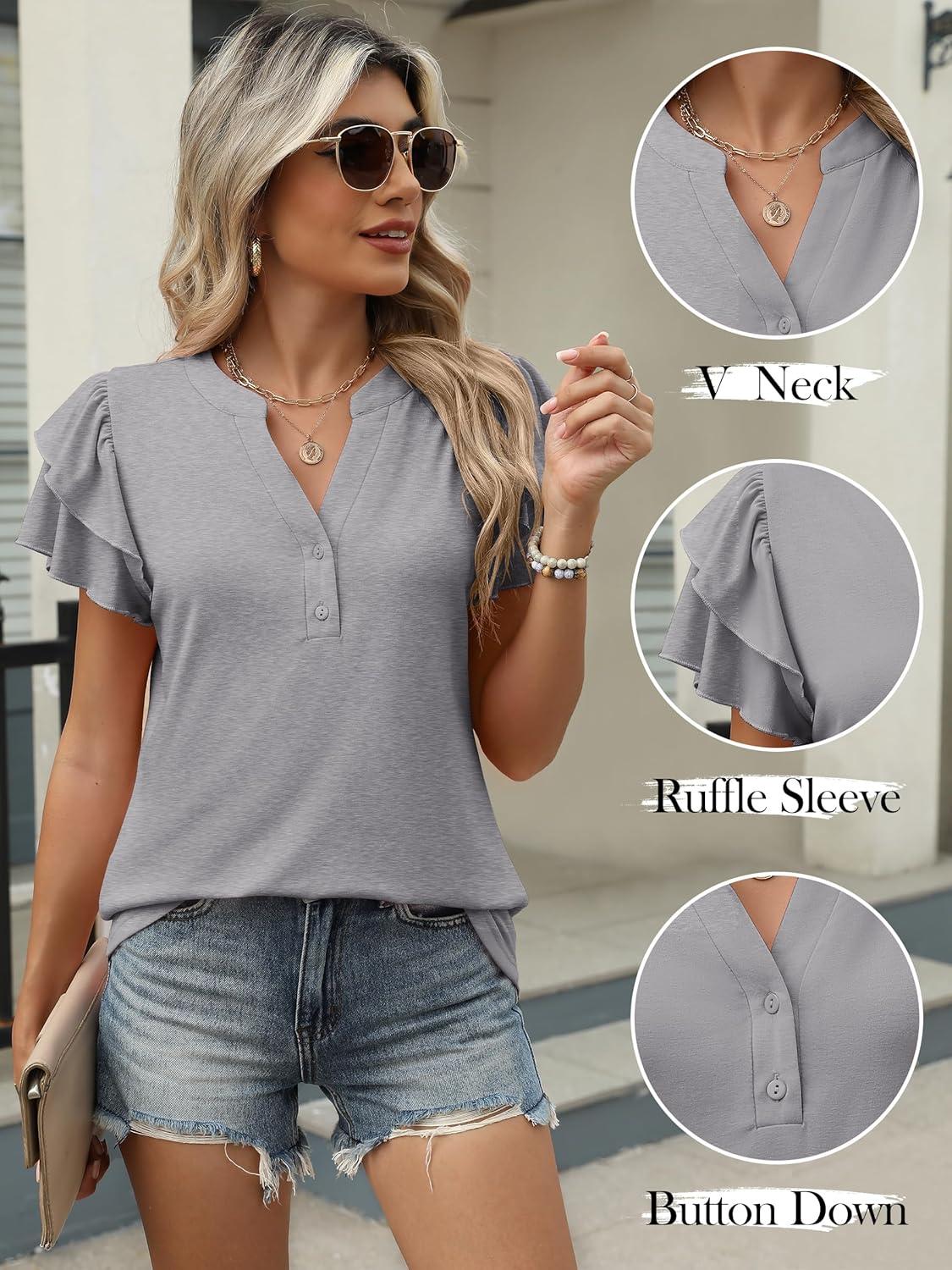 imageANRABESS Womens Tops Dressy Casual Ruffle Short Sleeve V Neck Blouses Summer Button Down Business Work Elegant ShirtsLight Grey