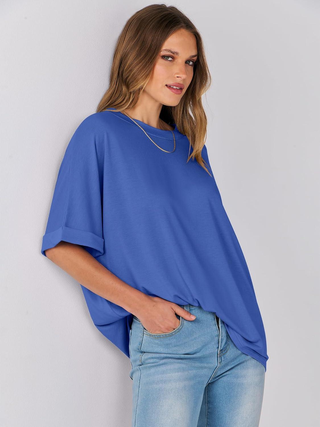 imageANRABESS Womens Tops Oversized T Shirts Short Sleeve Crewneck Summer Casual Loose Basic Tee Shirt 2025 Trendy Fashion ClothesBright Blue