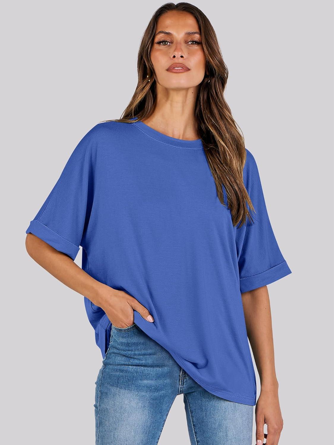 imageANRABESS Womens Tops Oversized T Shirts Short Sleeve Crewneck Summer Casual Loose Basic Tee Shirt 2025 Trendy Fashion ClothesBright Blue