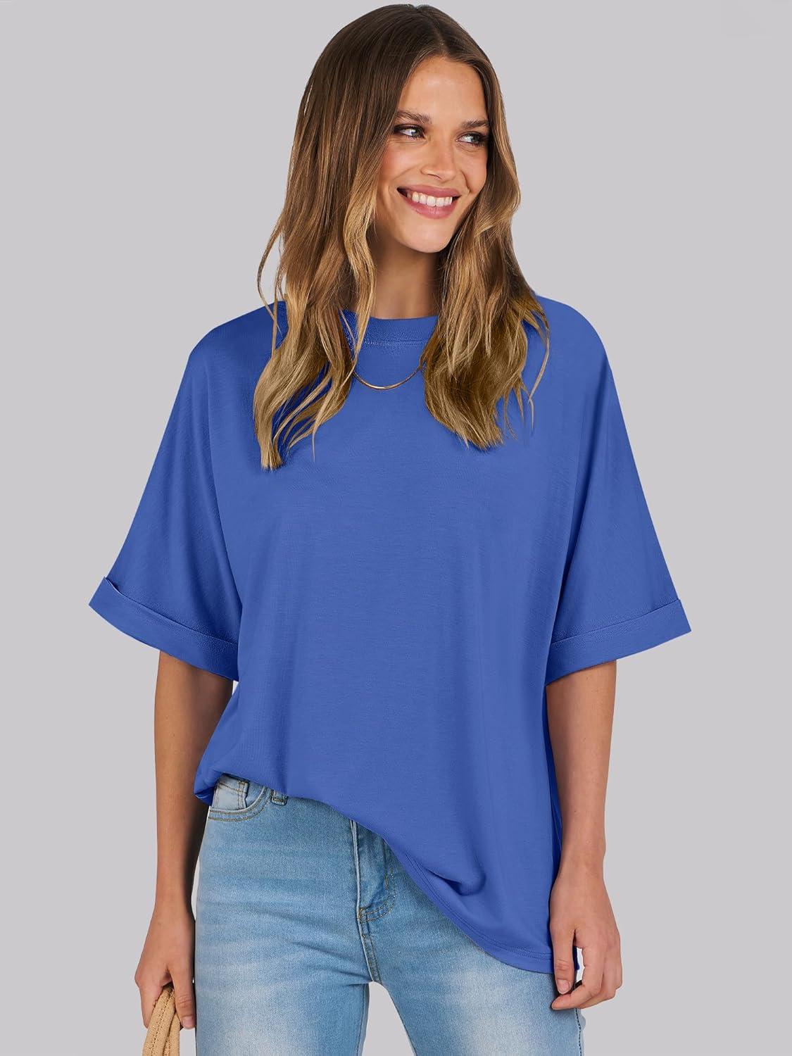 imageANRABESS Womens Tops Oversized T Shirts Short Sleeve Crewneck Summer Casual Loose Basic Tee Shirt 2025 Trendy Fashion ClothesBright Blue