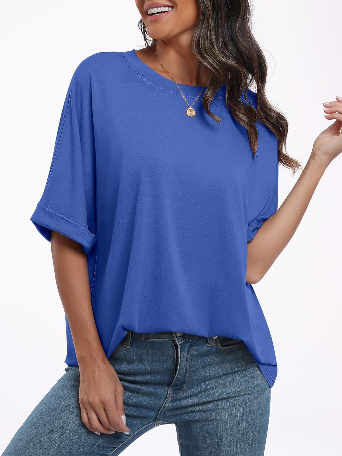 imageANRABESS Womens Tops Oversized T Shirts Short Sleeve Crewneck Summer Casual Loose Basic Tee Shirt 2025 Trendy Fashion ClothesBright Blue