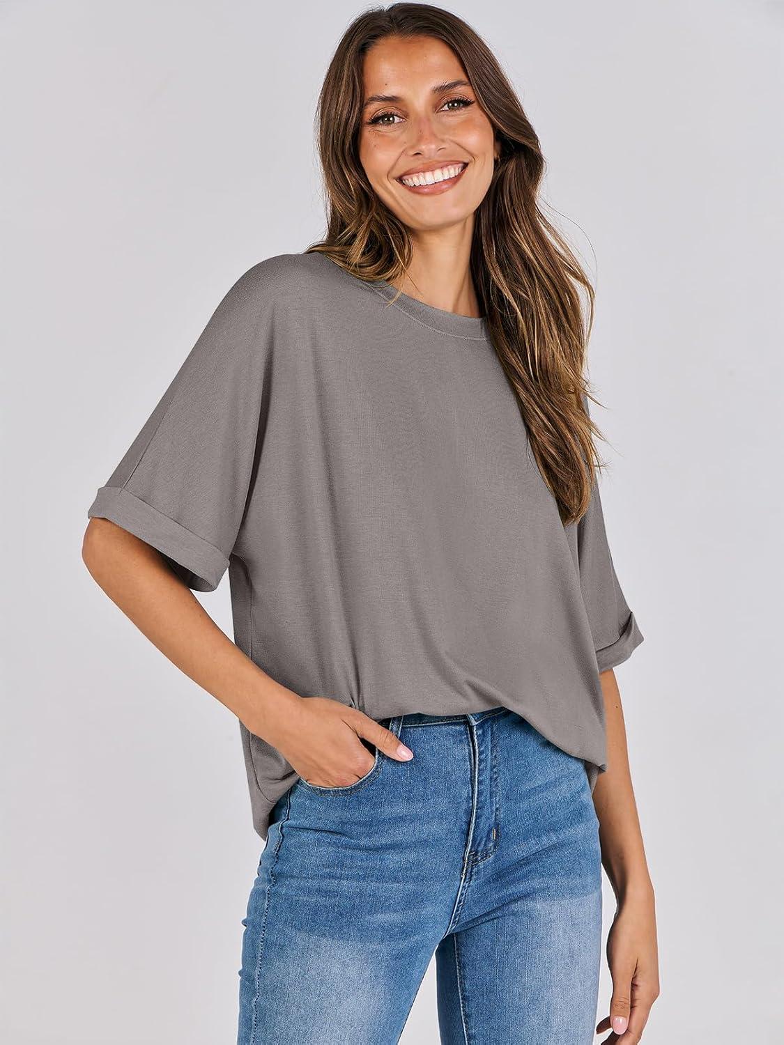 imageANRABESS Womens Tops Oversized T Shirts Short Sleeve Crewneck Summer Casual Loose Basic Tee Shirt 2025 Trendy Fashion ClothesBrown