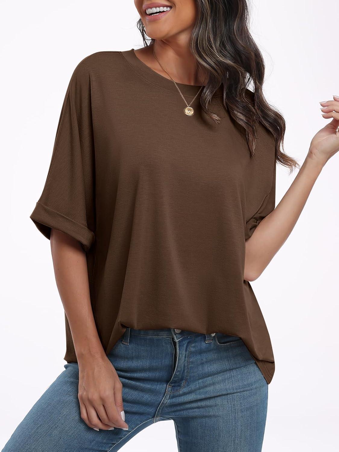 imageANRABESS Womens Tops Oversized T Shirts Short Sleeve Crewneck Summer Casual Loose Basic Tee Shirt 2025 Trendy Fashion ClothesDark Brown