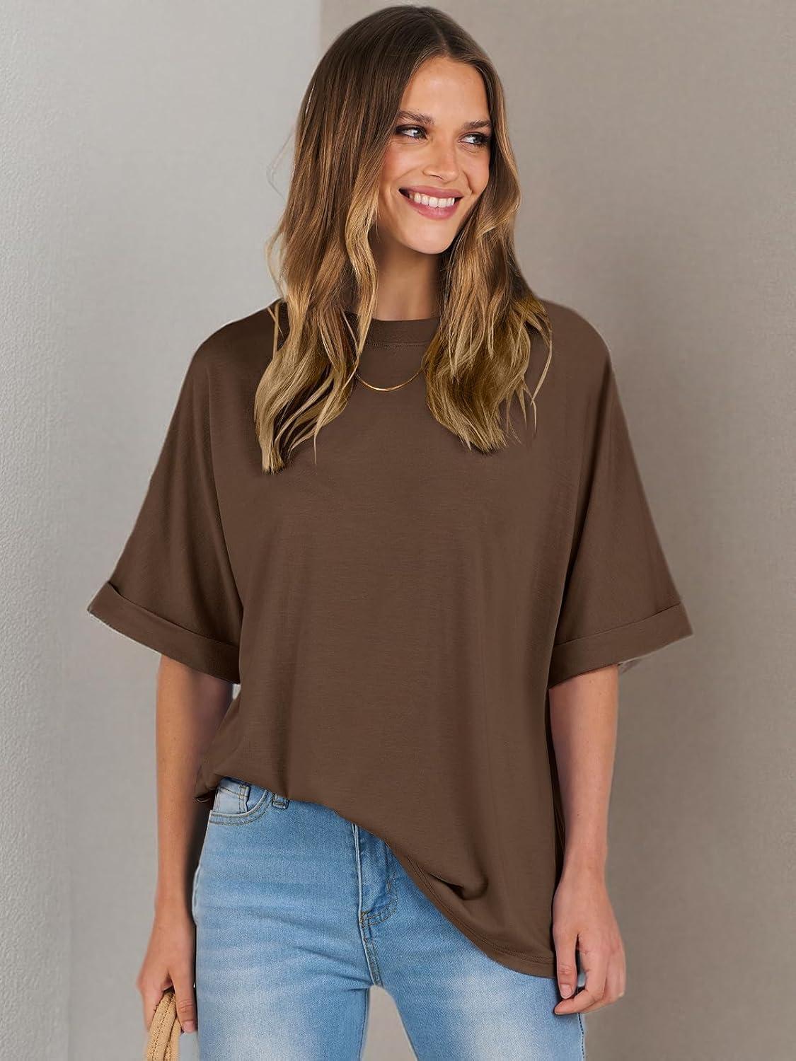 imageANRABESS Womens Tops Oversized T Shirts Short Sleeve Crewneck Summer Casual Loose Basic Tee Shirt 2025 Trendy Fashion ClothesDark Brown