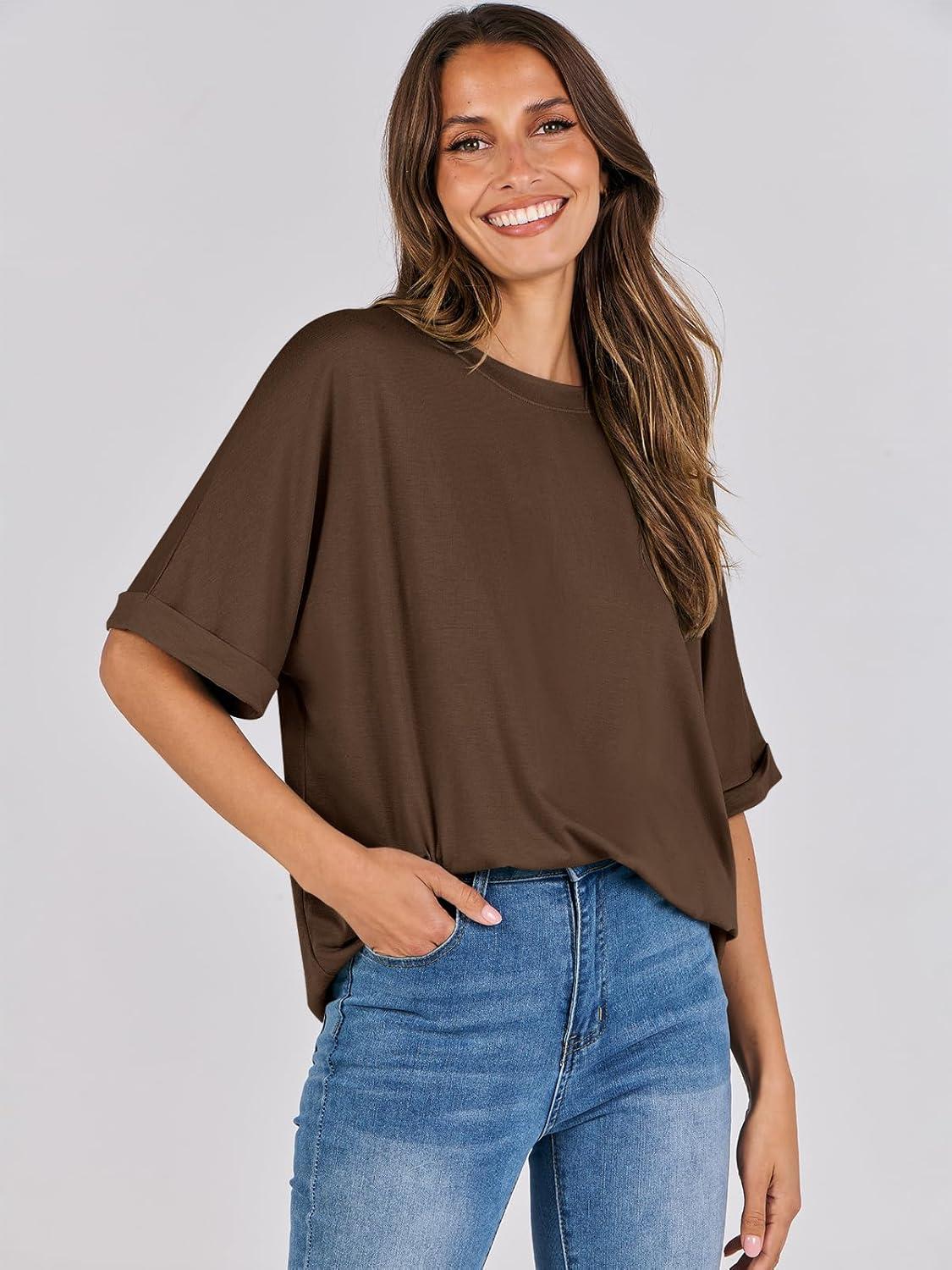 imageANRABESS Womens Tops Oversized T Shirts Short Sleeve Crewneck Summer Casual Loose Basic Tee Shirt 2025 Trendy Fashion ClothesDark Brown