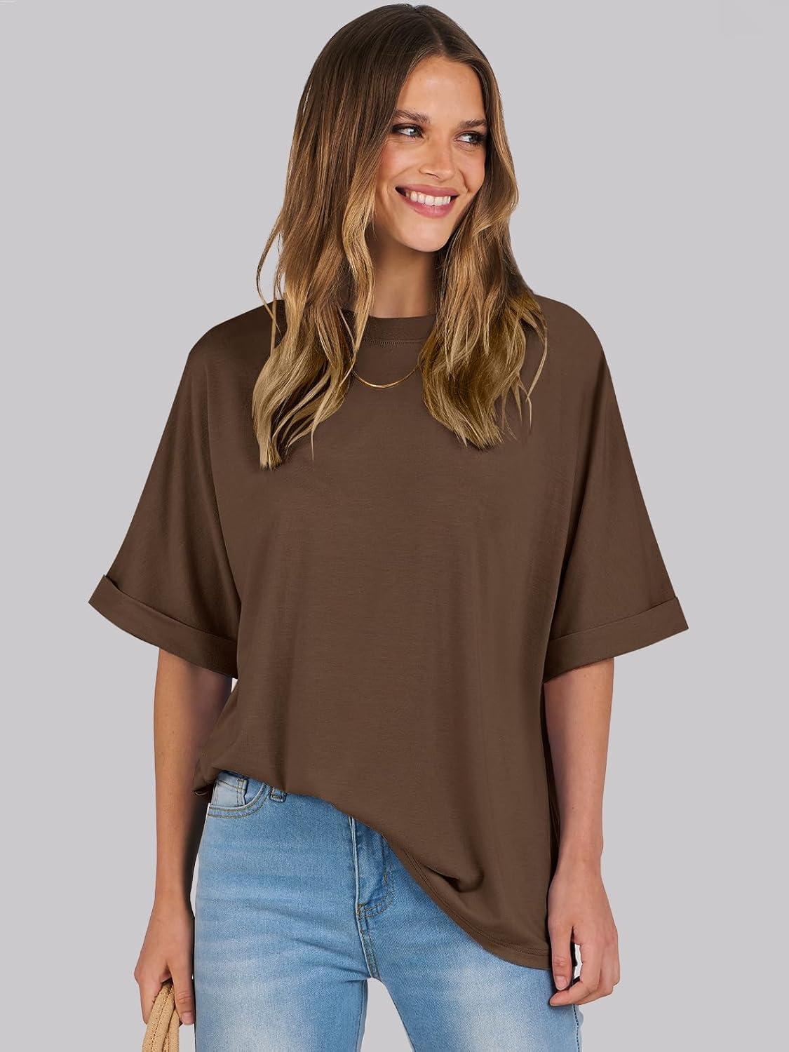 imageANRABESS Womens Tops Oversized T Shirts Short Sleeve Crewneck Summer Casual Loose Basic Tee Shirt 2025 Trendy Fashion ClothesDark Brown