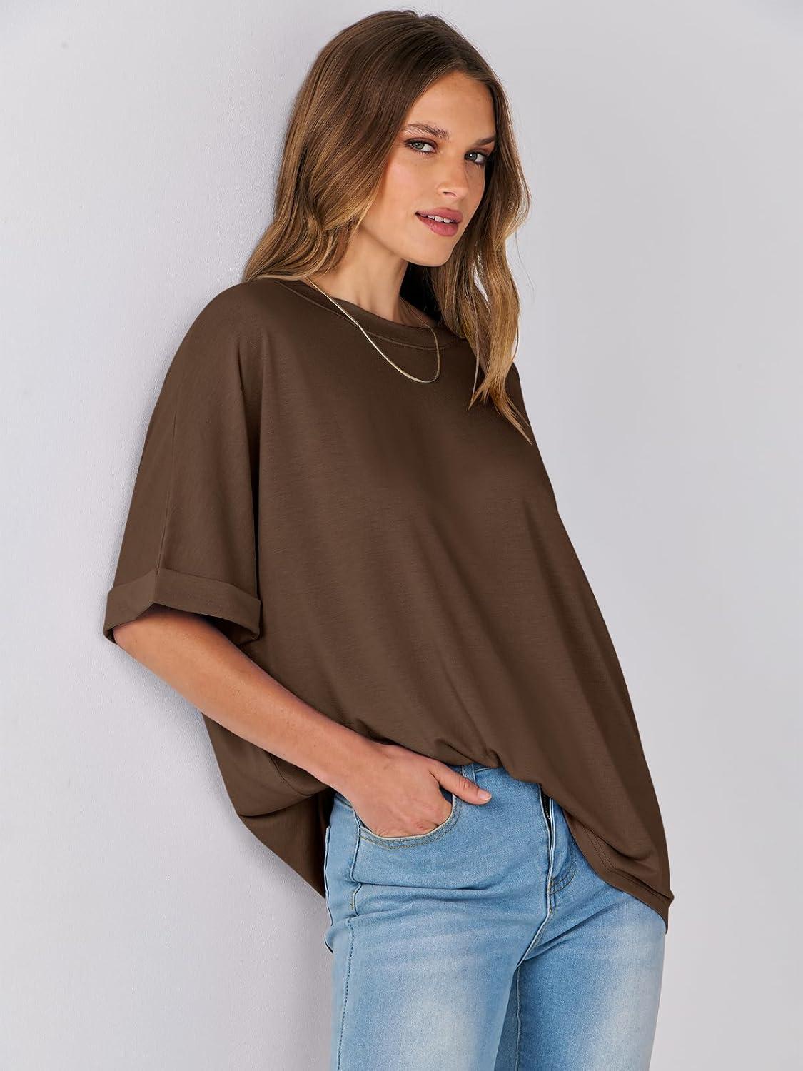 imageANRABESS Womens Tops Oversized T Shirts Short Sleeve Crewneck Summer Casual Loose Basic Tee Shirt 2025 Trendy Fashion ClothesDark Brown