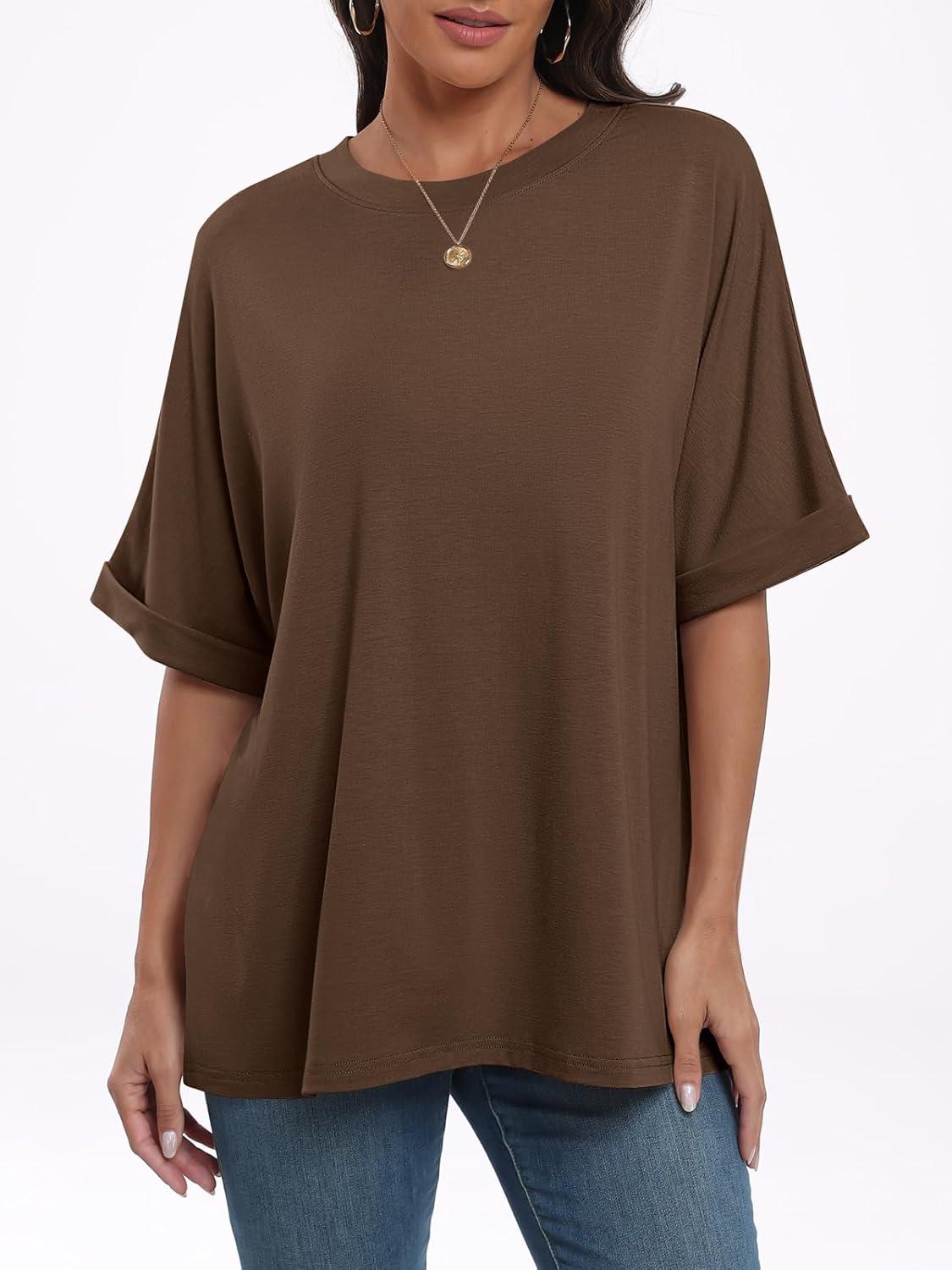 imageANRABESS Womens Tops Oversized T Shirts Short Sleeve Crewneck Summer Casual Loose Basic Tee Shirt 2025 Trendy Fashion ClothesDark Brown