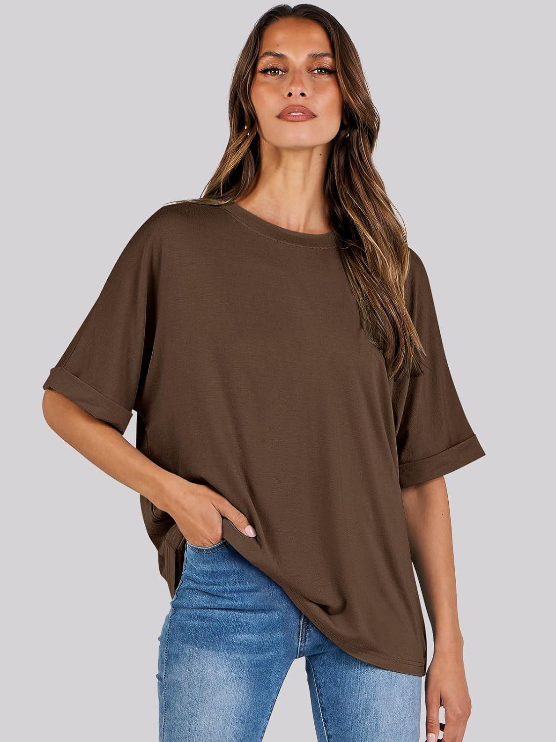imageANRABESS Womens Tops Oversized T Shirts Short Sleeve Crewneck Summer Casual Loose Basic Tee Shirt 2025 Trendy Fashion ClothesDark Brown