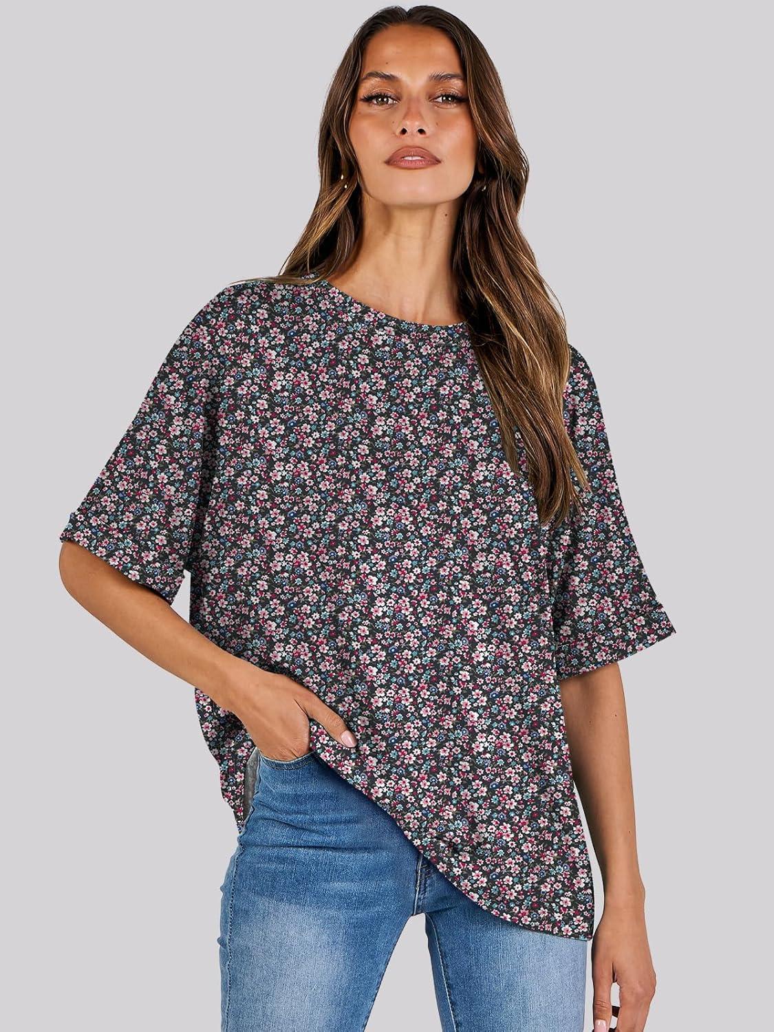 imageANRABESS Womens Tops Oversized T Shirts Short Sleeve Crewneck Summer Casual Loose Basic Tee Shirt 2025 Trendy Fashion ClothesFloral Black