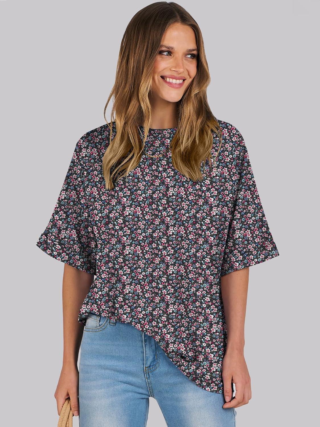 imageANRABESS Womens Tops Oversized T Shirts Short Sleeve Crewneck Summer Casual Loose Basic Tee Shirt 2025 Trendy Fashion ClothesFloral Black