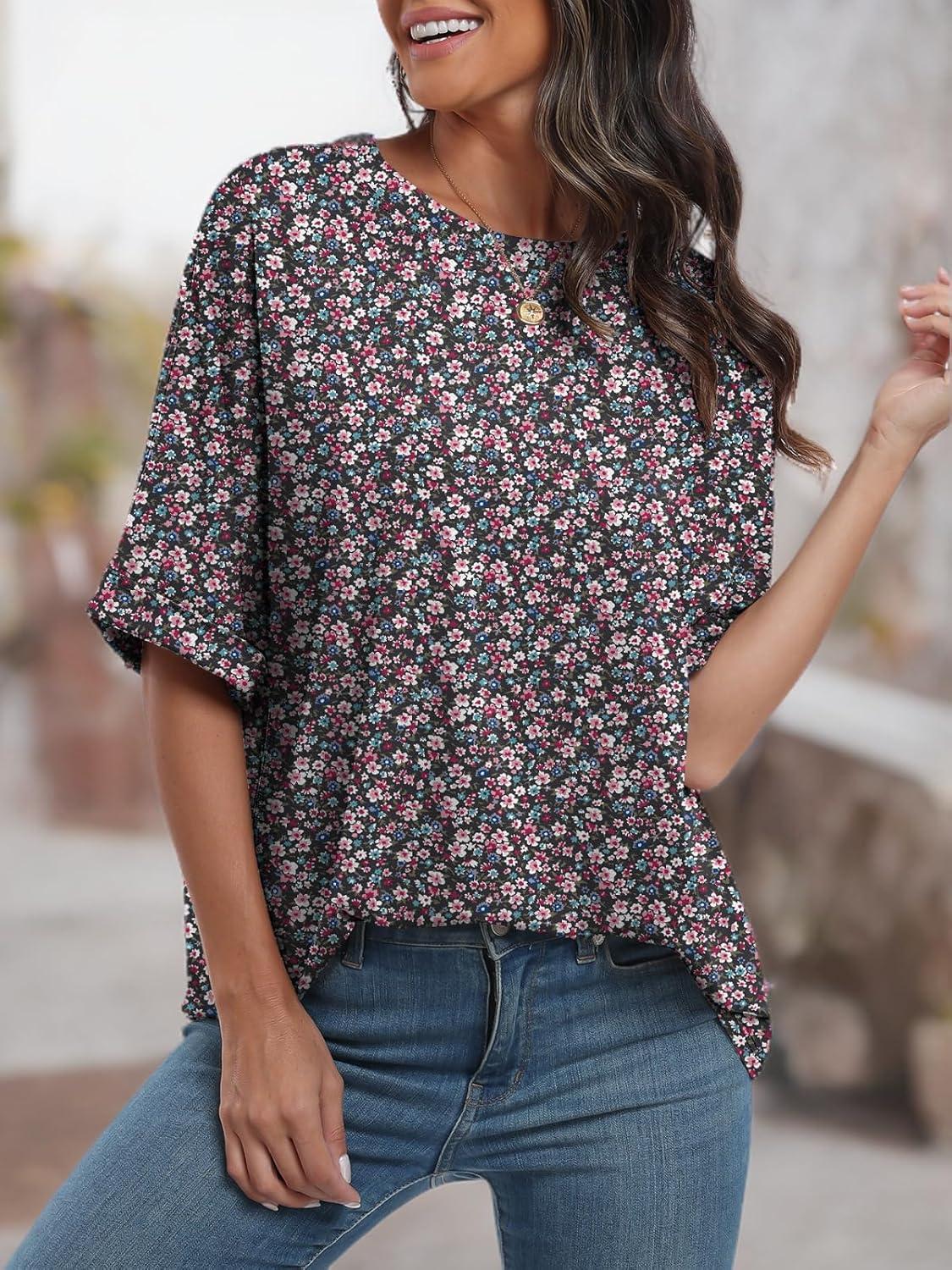 imageANRABESS Womens Tops Oversized T Shirts Short Sleeve Crewneck Summer Casual Loose Basic Tee Shirt 2025 Trendy Fashion ClothesFloral Black