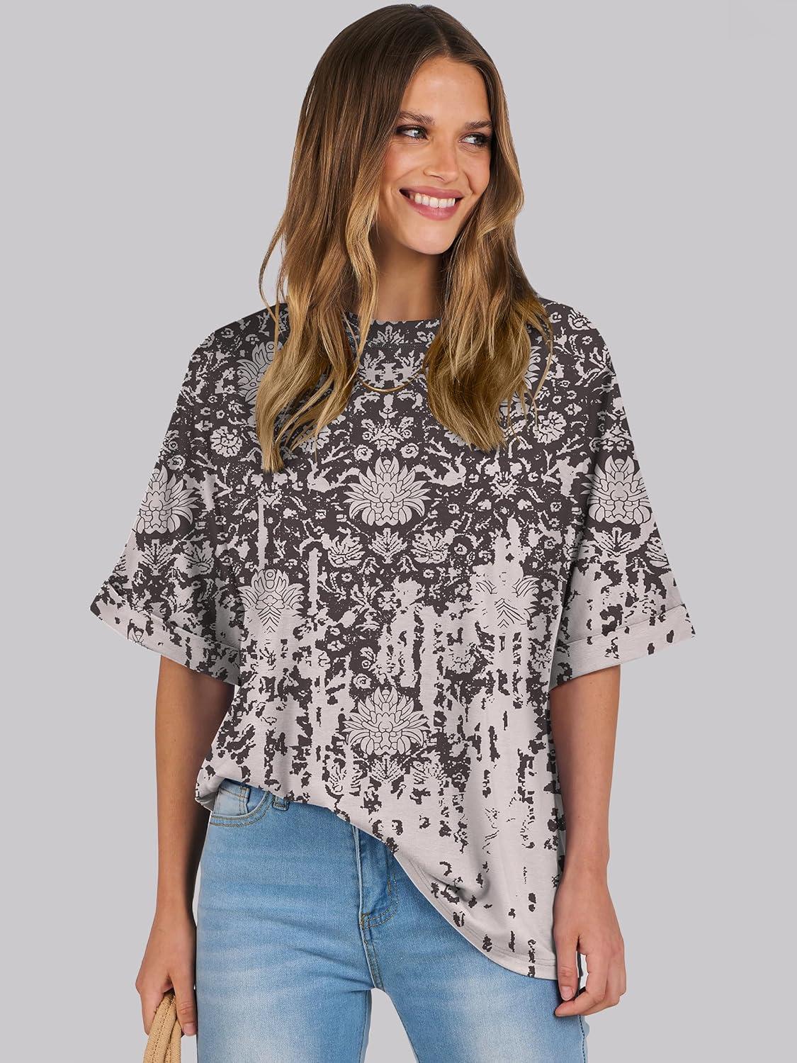 imageANRABESS Womens Tops Oversized T Shirts Short Sleeve Crewneck Summer Casual Loose Basic Tee Shirt 2025 Trendy Fashion ClothesFloral Black Print