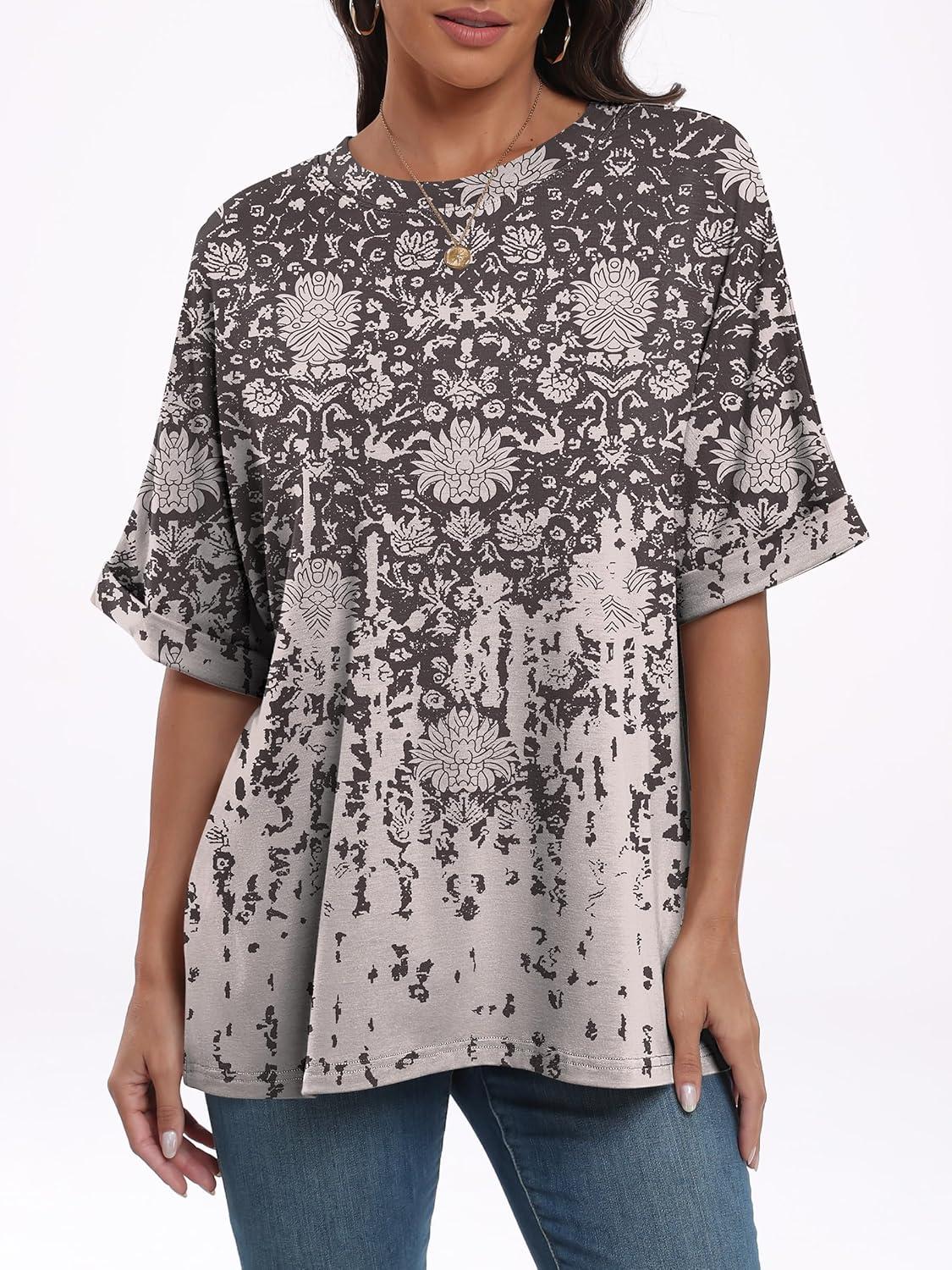 imageANRABESS Womens Tops Oversized T Shirts Short Sleeve Crewneck Summer Casual Loose Basic Tee Shirt 2025 Trendy Fashion ClothesFloral Black Print