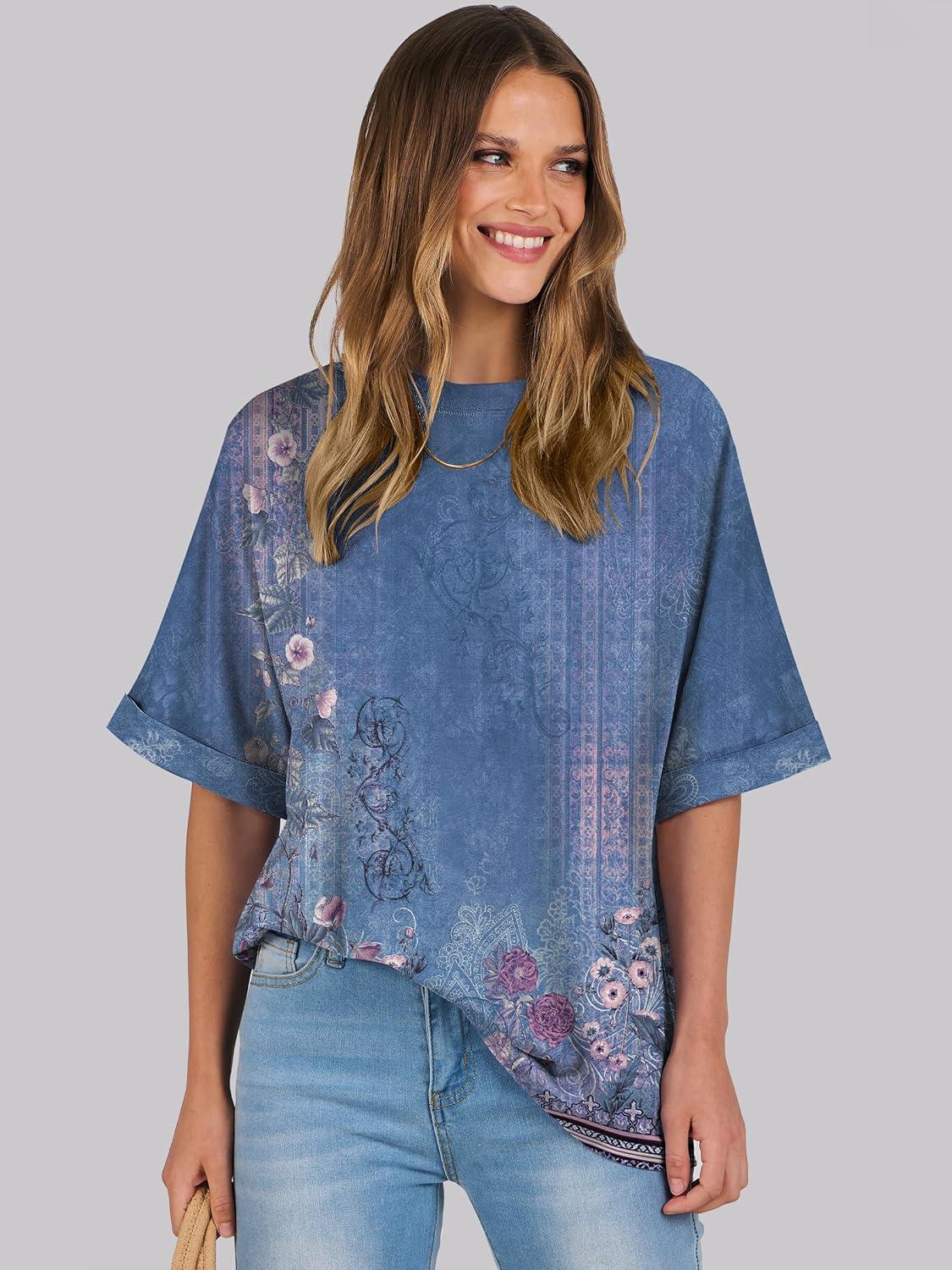 imageANRABESS Womens Tops Oversized T Shirts Short Sleeve Crewneck Summer Casual Loose Basic Tee Shirt 2025 Trendy Fashion ClothesFloral Blue Flower