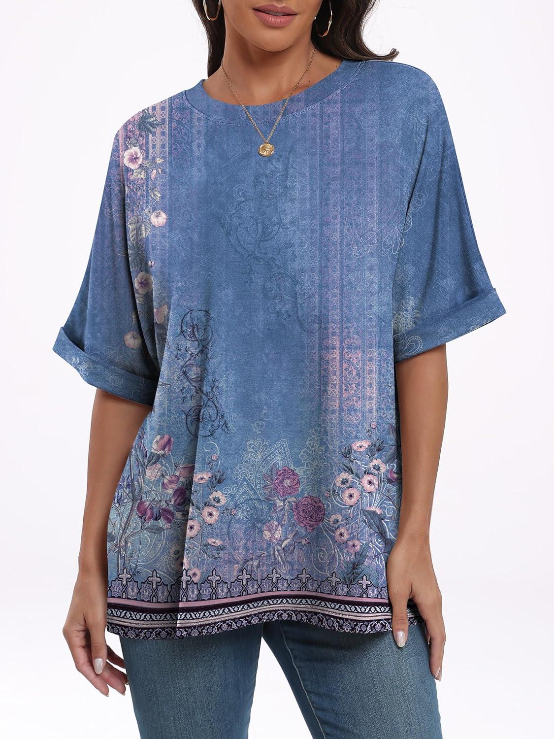 imageANRABESS Womens Tops Oversized T Shirts Short Sleeve Crewneck Summer Casual Loose Basic Tee Shirt 2025 Trendy Fashion ClothesFloral Blue Flower