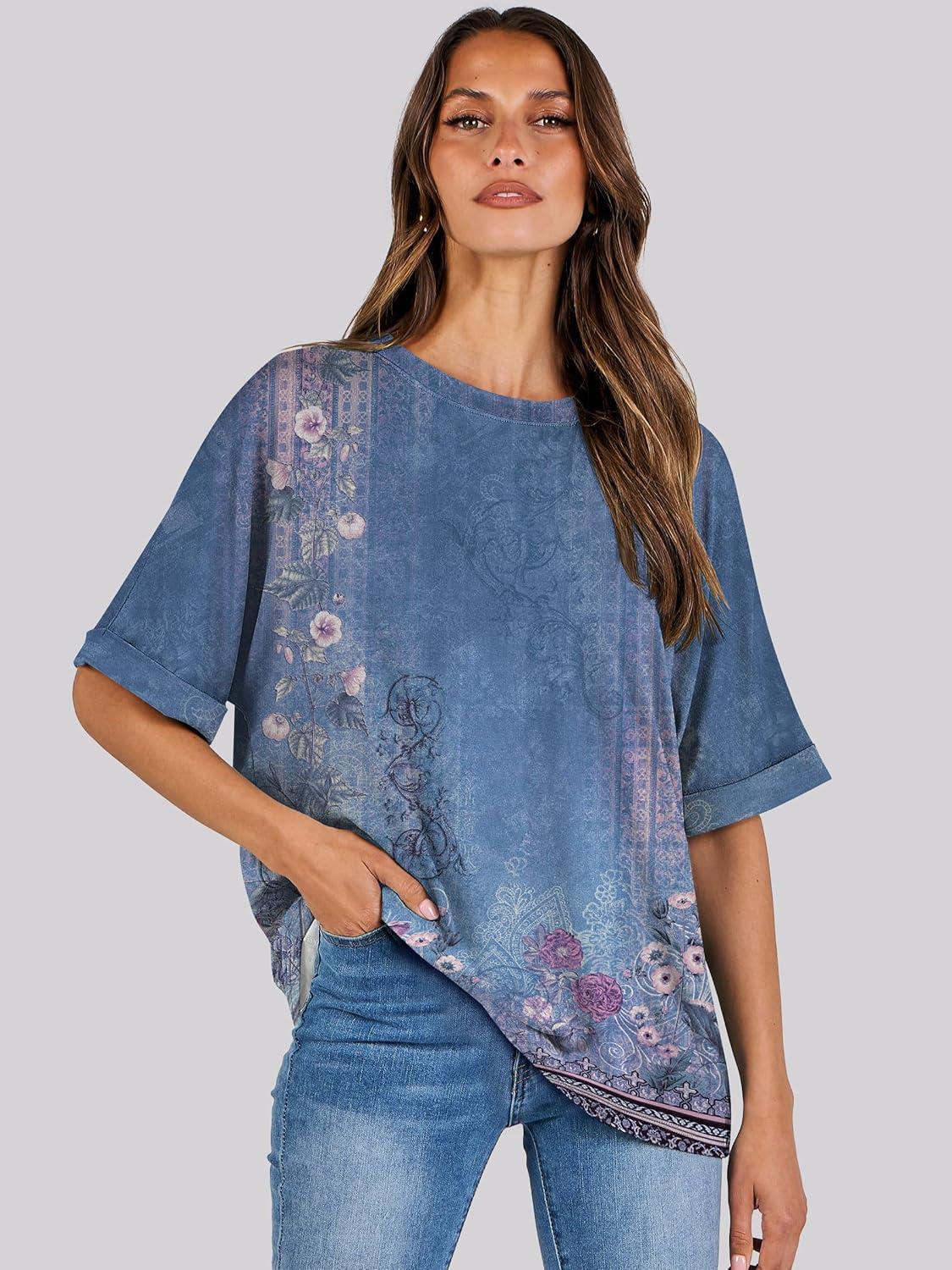 imageANRABESS Womens Tops Oversized T Shirts Short Sleeve Crewneck Summer Casual Loose Basic Tee Shirt 2025 Trendy Fashion ClothesFloral Blue Flower