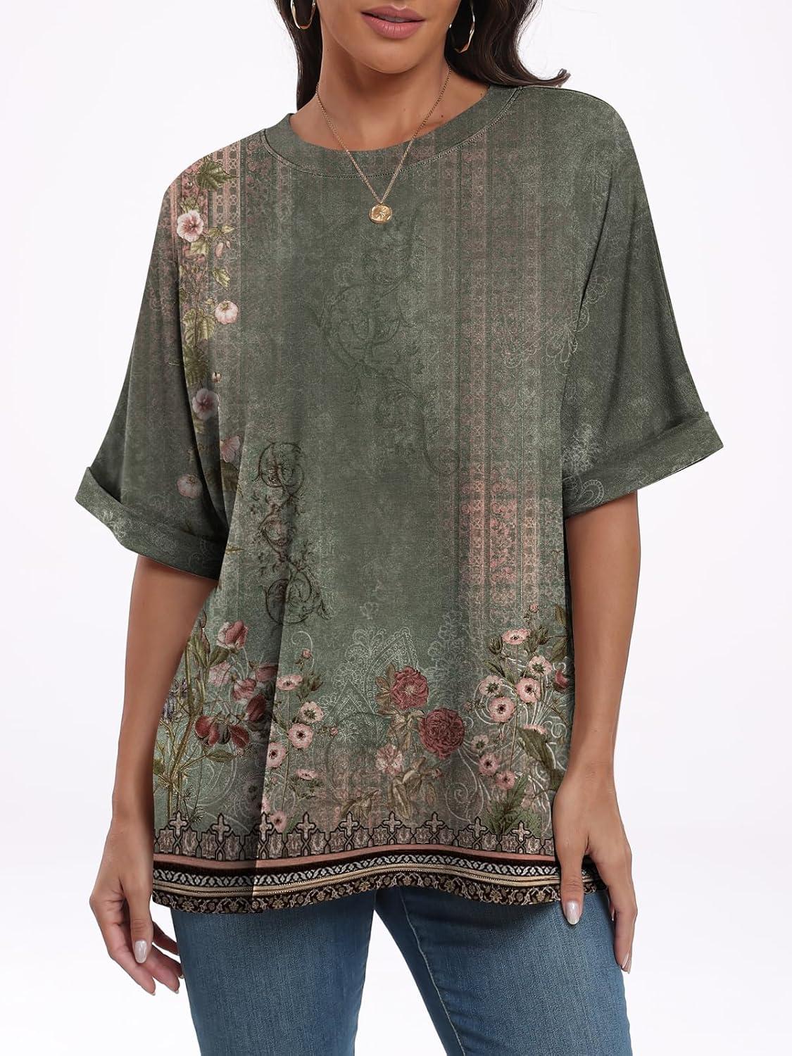 imageANRABESS Womens Tops Oversized T Shirts Short Sleeve Crewneck Summer Casual Loose Basic Tee Shirt 2025 Trendy Fashion ClothesFloral Flower Print