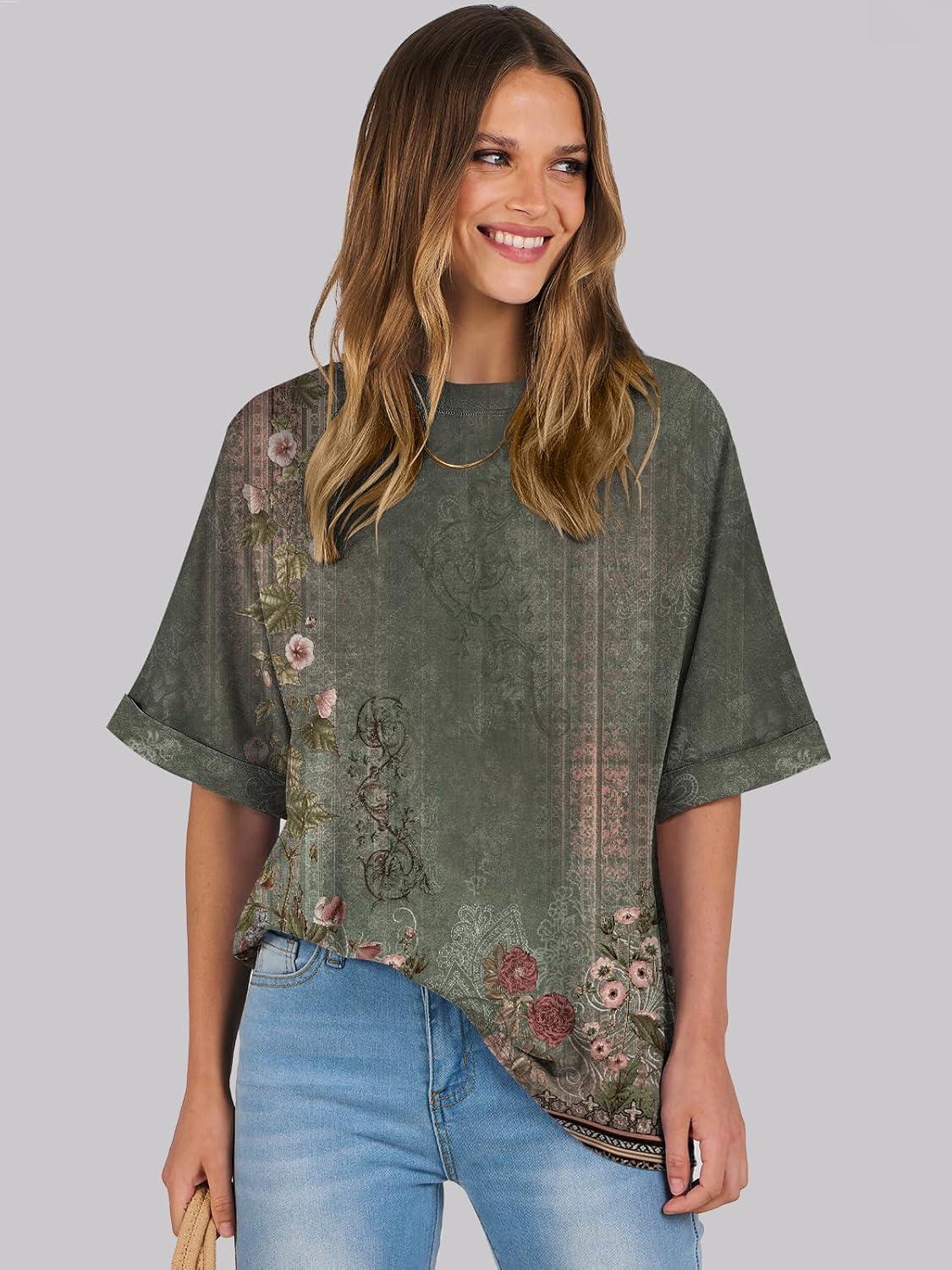 imageANRABESS Womens Tops Oversized T Shirts Short Sleeve Crewneck Summer Casual Loose Basic Tee Shirt 2025 Trendy Fashion ClothesFloral Flower Print