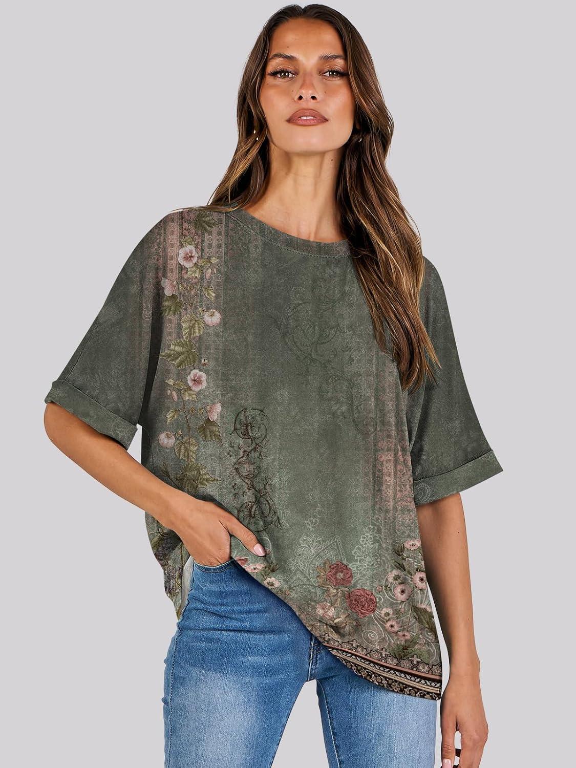 imageANRABESS Womens Tops Oversized T Shirts Short Sleeve Crewneck Summer Casual Loose Basic Tee Shirt 2025 Trendy Fashion ClothesFloral Flower Print