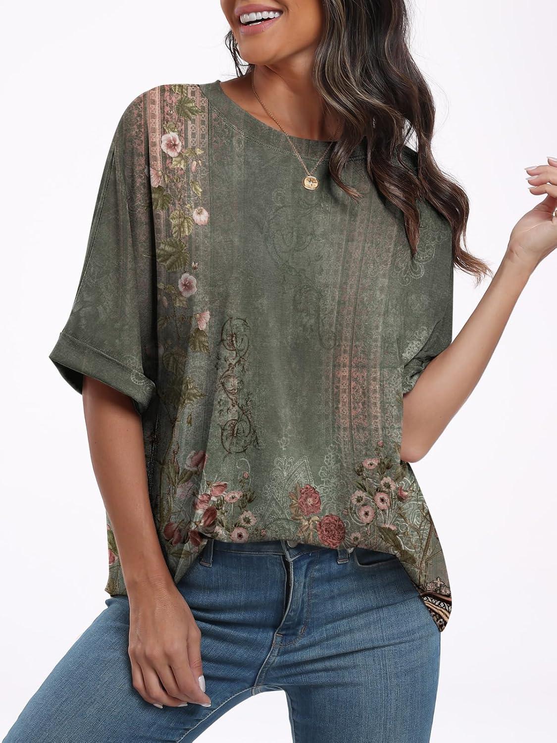 imageANRABESS Womens Tops Oversized T Shirts Short Sleeve Crewneck Summer Casual Loose Basic Tee Shirt 2025 Trendy Fashion ClothesFloral Flower Print