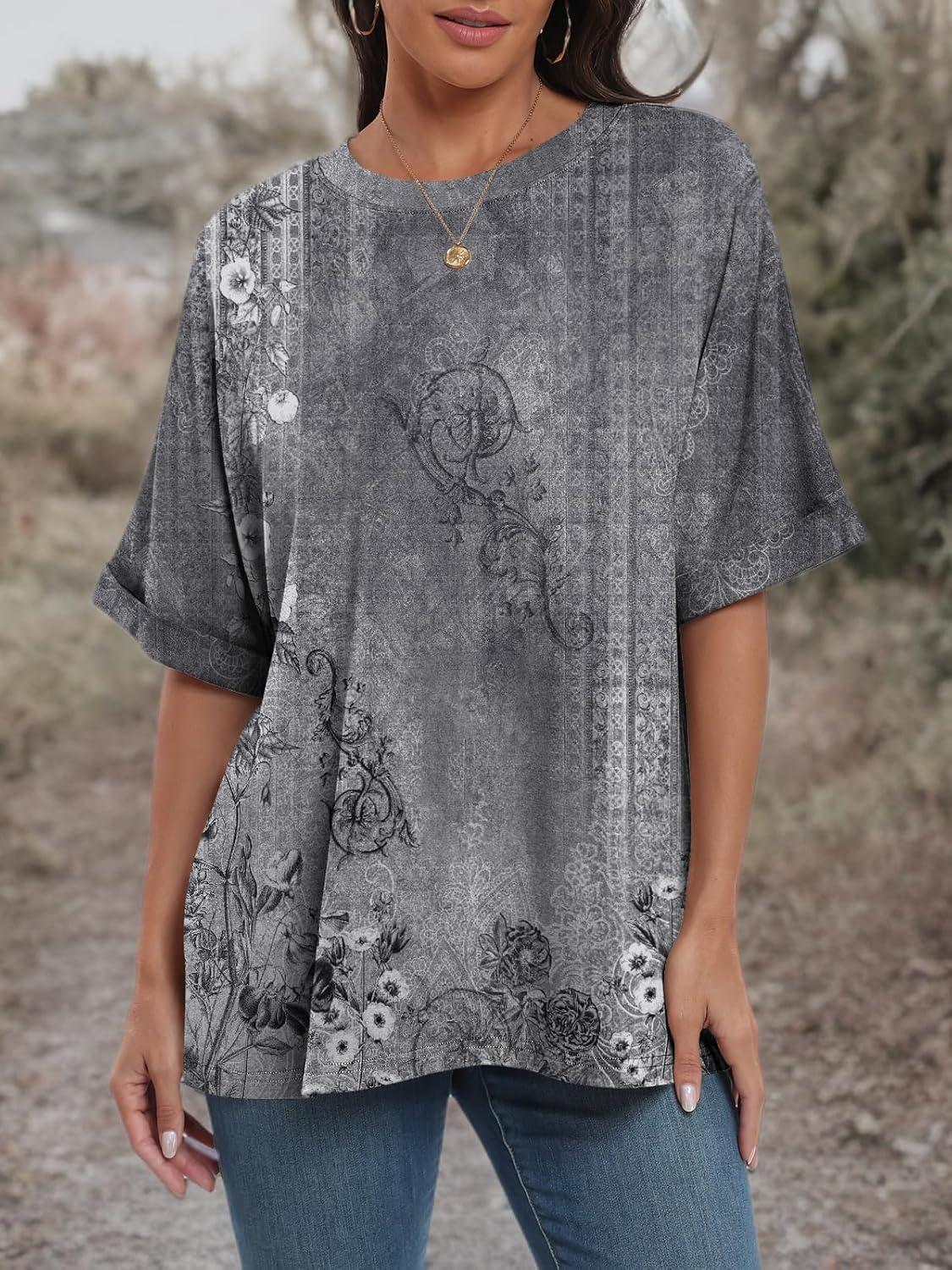 imageANRABESS Womens Tops Oversized T Shirts Short Sleeve Crewneck Summer Casual Loose Basic Tee Shirt 2025 Trendy Fashion ClothesFloral Gray Flower