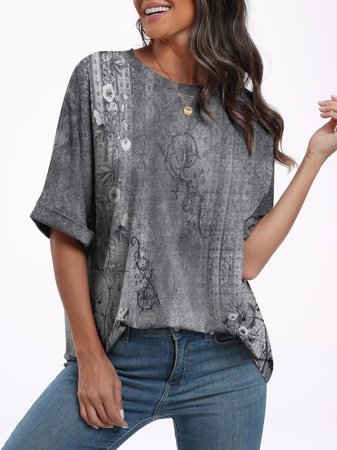 imageANRABESS Womens Tops Oversized T Shirts Short Sleeve Crewneck Summer Casual Loose Basic Tee Shirt 2025 Trendy Fashion ClothesFloral Gray Flower