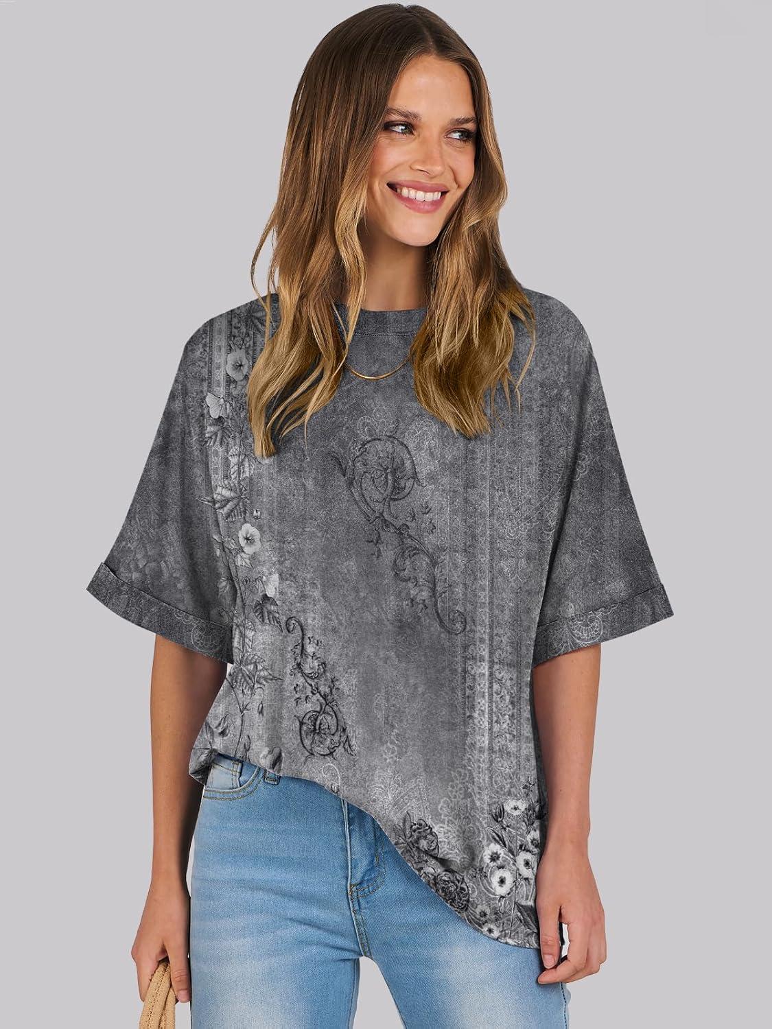 imageANRABESS Womens Tops Oversized T Shirts Short Sleeve Crewneck Summer Casual Loose Basic Tee Shirt 2025 Trendy Fashion ClothesFloral Gray Flower