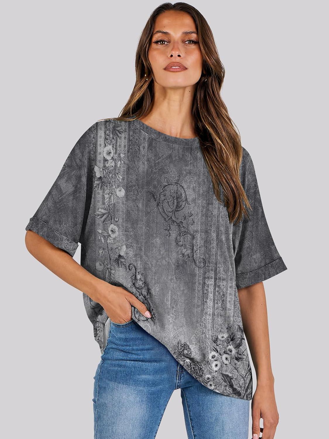 imageANRABESS Womens Tops Oversized T Shirts Short Sleeve Crewneck Summer Casual Loose Basic Tee Shirt 2025 Trendy Fashion ClothesFloral Gray Flower
