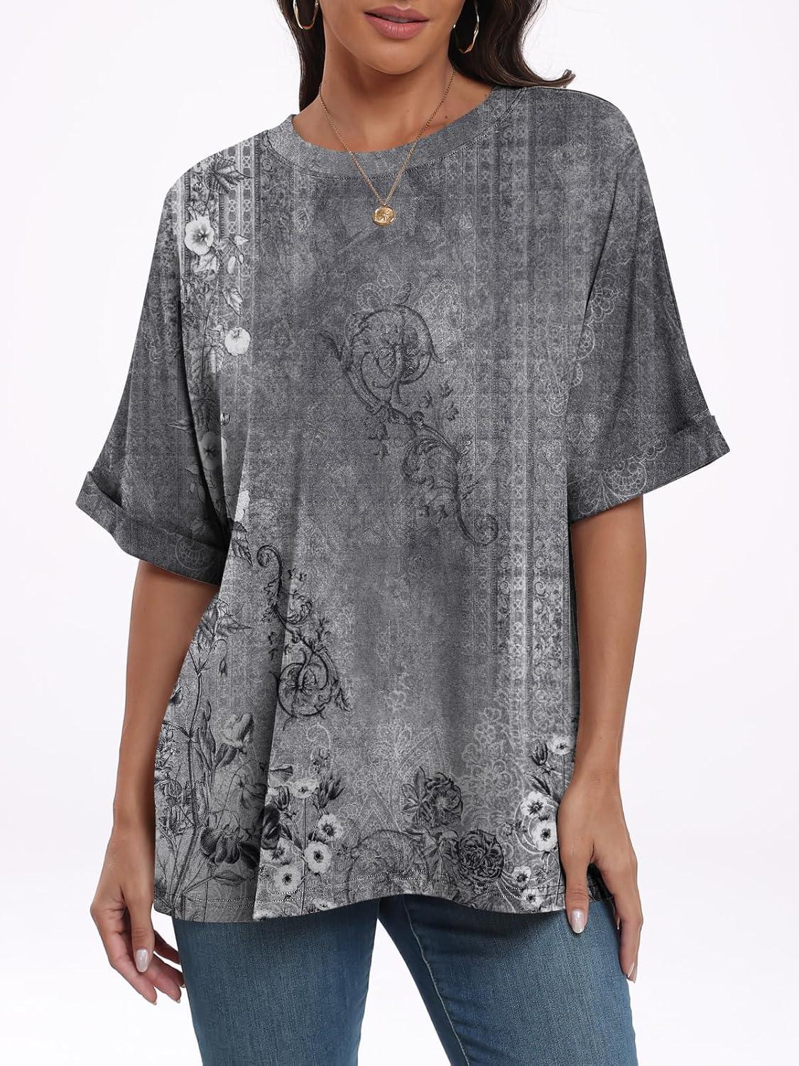 imageANRABESS Womens Tops Oversized T Shirts Short Sleeve Crewneck Summer Casual Loose Basic Tee Shirt 2025 Trendy Fashion ClothesFloral Gray Flower