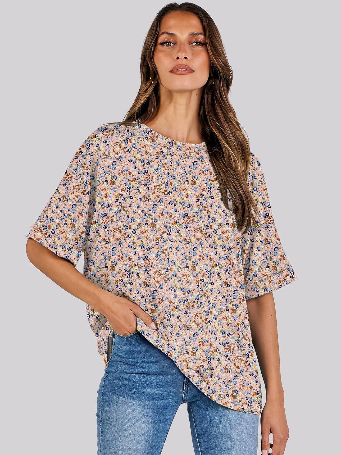 imageANRABESS Womens Tops Oversized T Shirts Short Sleeve Crewneck Summer Casual Loose Basic Tee Shirt 2025 Trendy Fashion ClothesFloral Pink