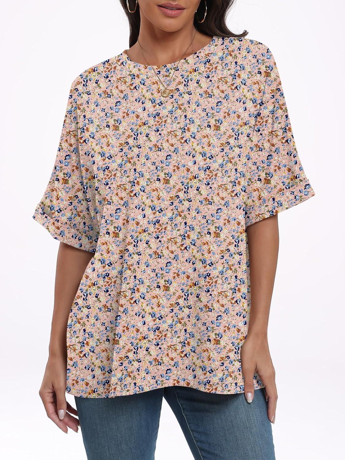 imageANRABESS Womens Tops Oversized T Shirts Short Sleeve Crewneck Summer Casual Loose Basic Tee Shirt 2025 Trendy Fashion ClothesFloral Pink