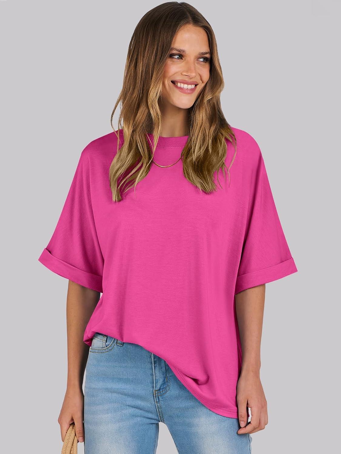 imageANRABESS Womens Tops Oversized T Shirts Short Sleeve Crewneck Summer Casual Loose Basic Tee Shirt 2025 Trendy Fashion ClothesHot Pink