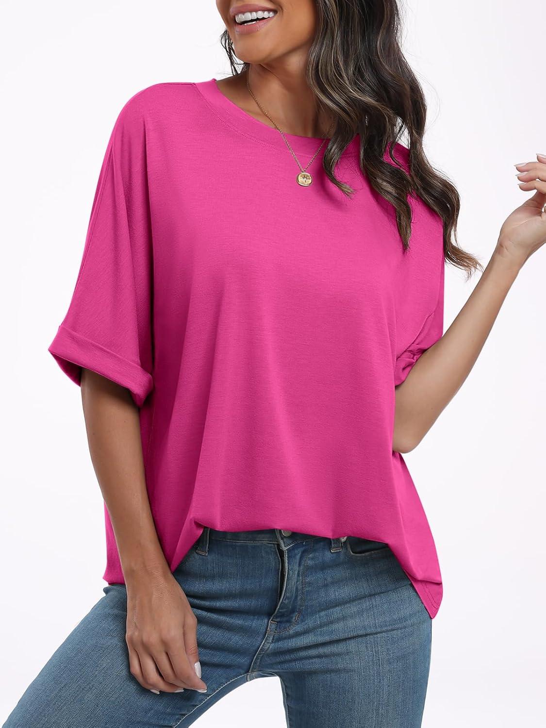 imageANRABESS Womens Tops Oversized T Shirts Short Sleeve Crewneck Summer Casual Loose Basic Tee Shirt 2025 Trendy Fashion ClothesHot Pink