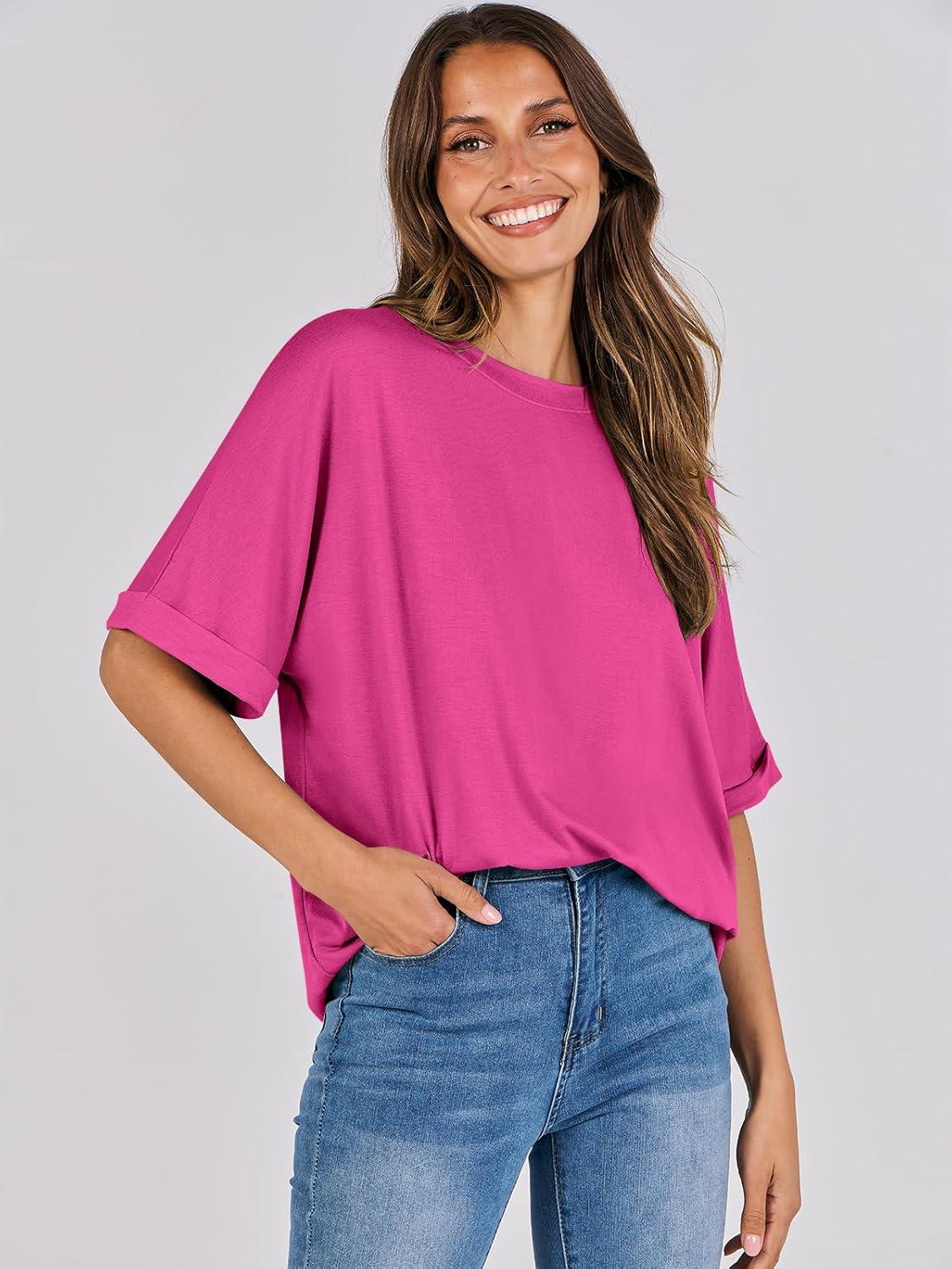 imageANRABESS Womens Tops Oversized T Shirts Short Sleeve Crewneck Summer Casual Loose Basic Tee Shirt 2025 Trendy Fashion ClothesHot Pink