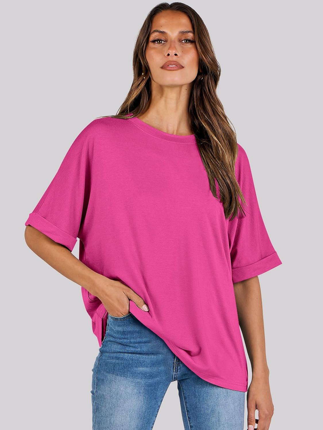 imageANRABESS Womens Tops Oversized T Shirts Short Sleeve Crewneck Summer Casual Loose Basic Tee Shirt 2025 Trendy Fashion ClothesHot Pink