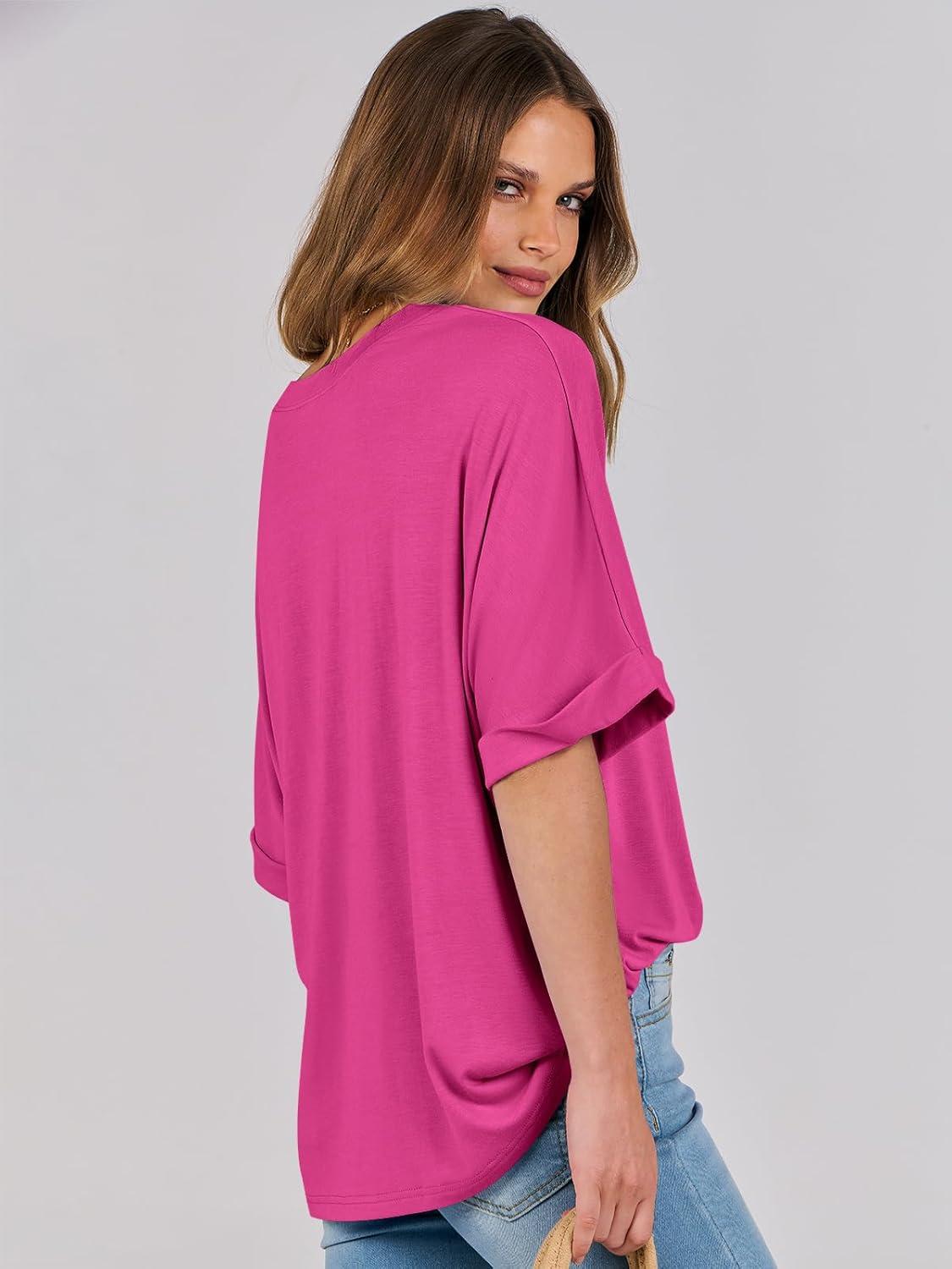 imageANRABESS Womens Tops Oversized T Shirts Short Sleeve Crewneck Summer Casual Loose Basic Tee Shirt 2025 Trendy Fashion ClothesHot Pink
