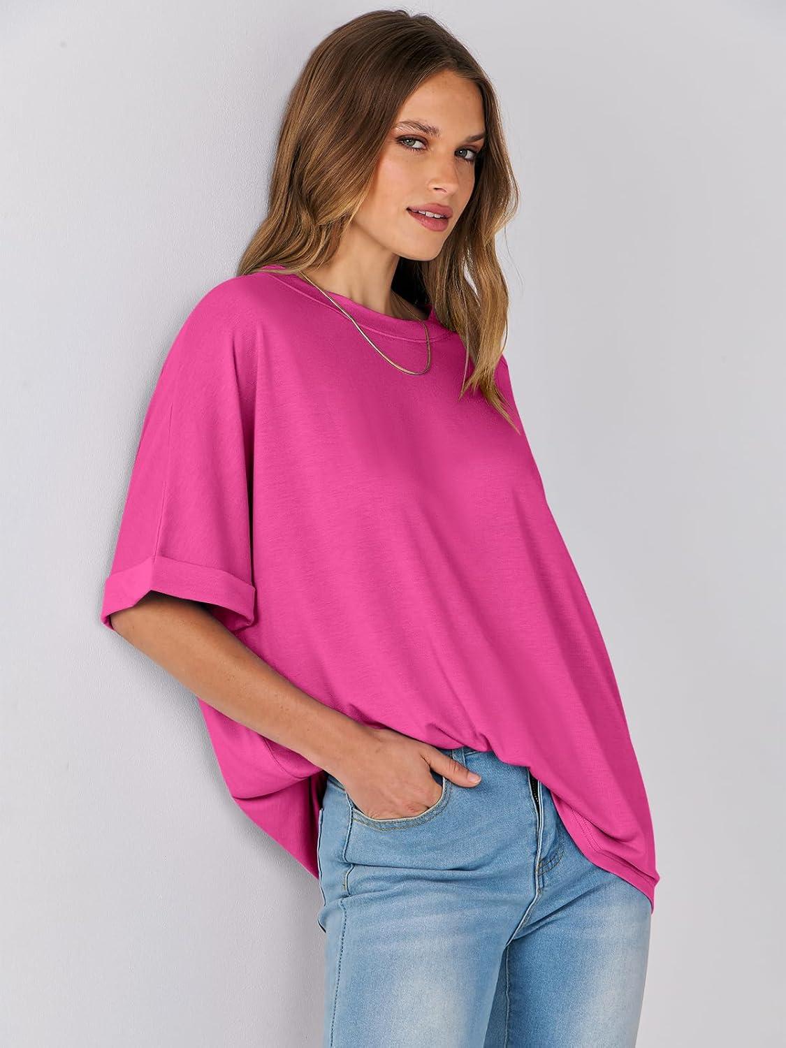 imageANRABESS Womens Tops Oversized T Shirts Short Sleeve Crewneck Summer Casual Loose Basic Tee Shirt 2025 Trendy Fashion ClothesHot Pink