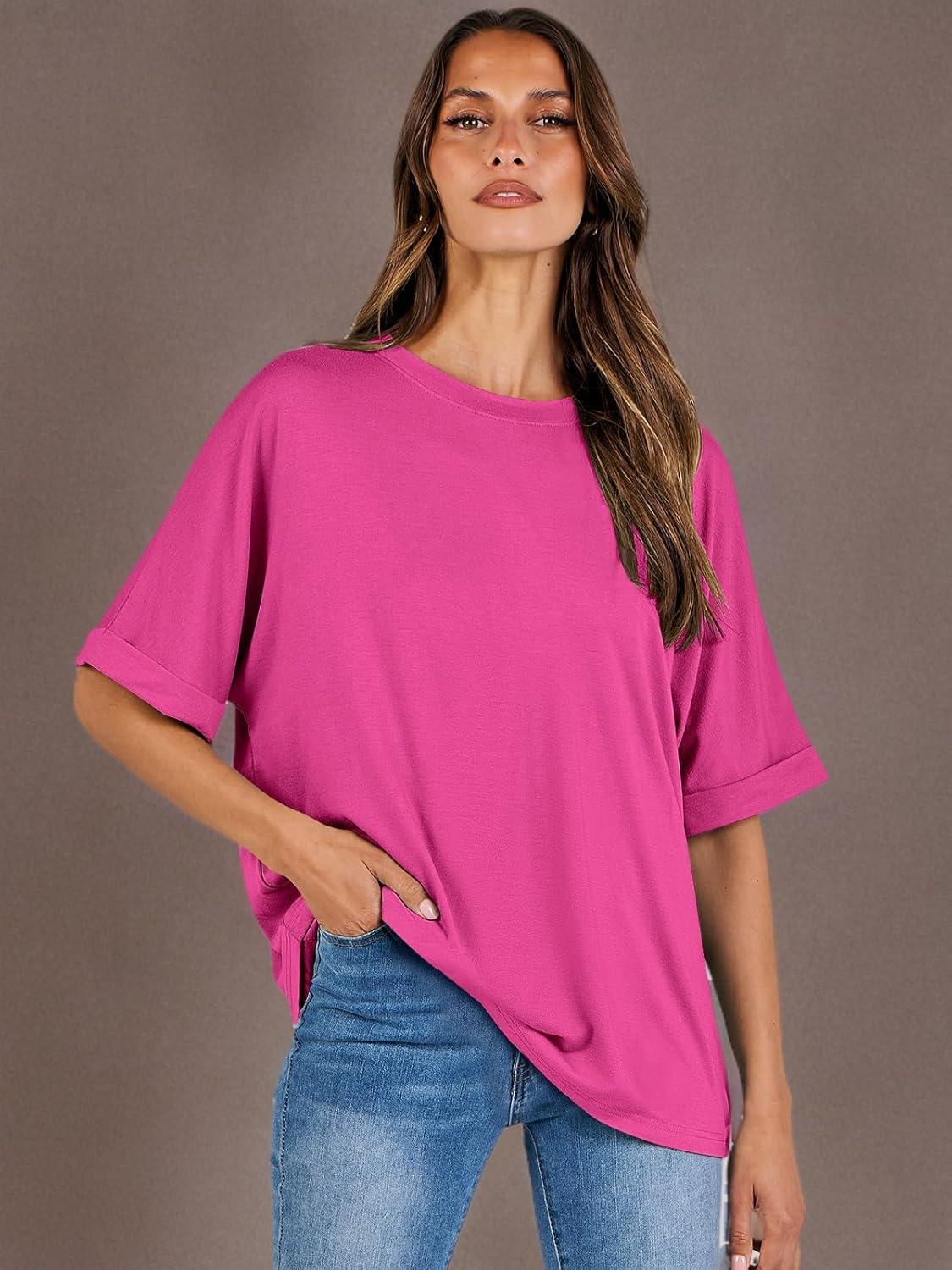 imageANRABESS Womens Tops Oversized T Shirts Short Sleeve Crewneck Summer Casual Loose Basic Tee Shirt 2025 Trendy Fashion ClothesHot Pink
