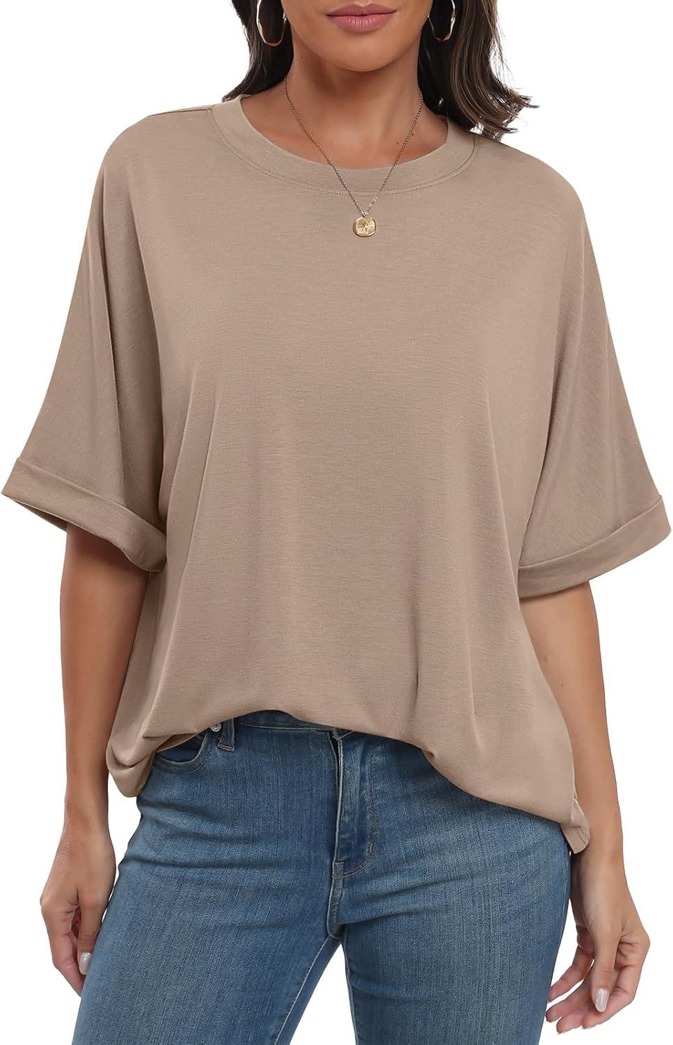 imageANRABESS Womens Tops Oversized T Shirts Short Sleeve Crewneck Summer Casual Loose Basic Tee Shirt 2025 Trendy Fashion ClothesKhaki